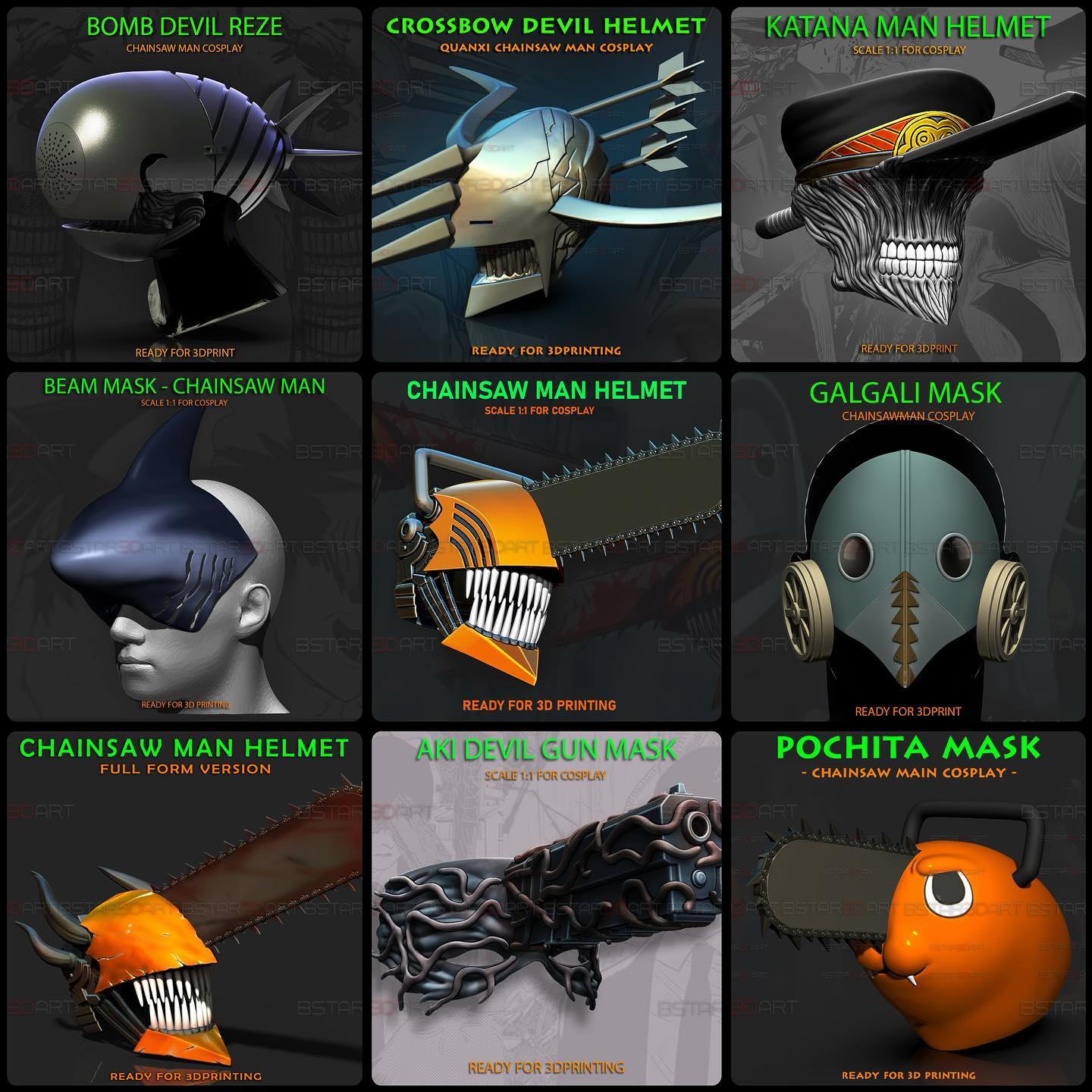 bstar3dprintprops Facebook ad: Chainsawman Helmets Collection!