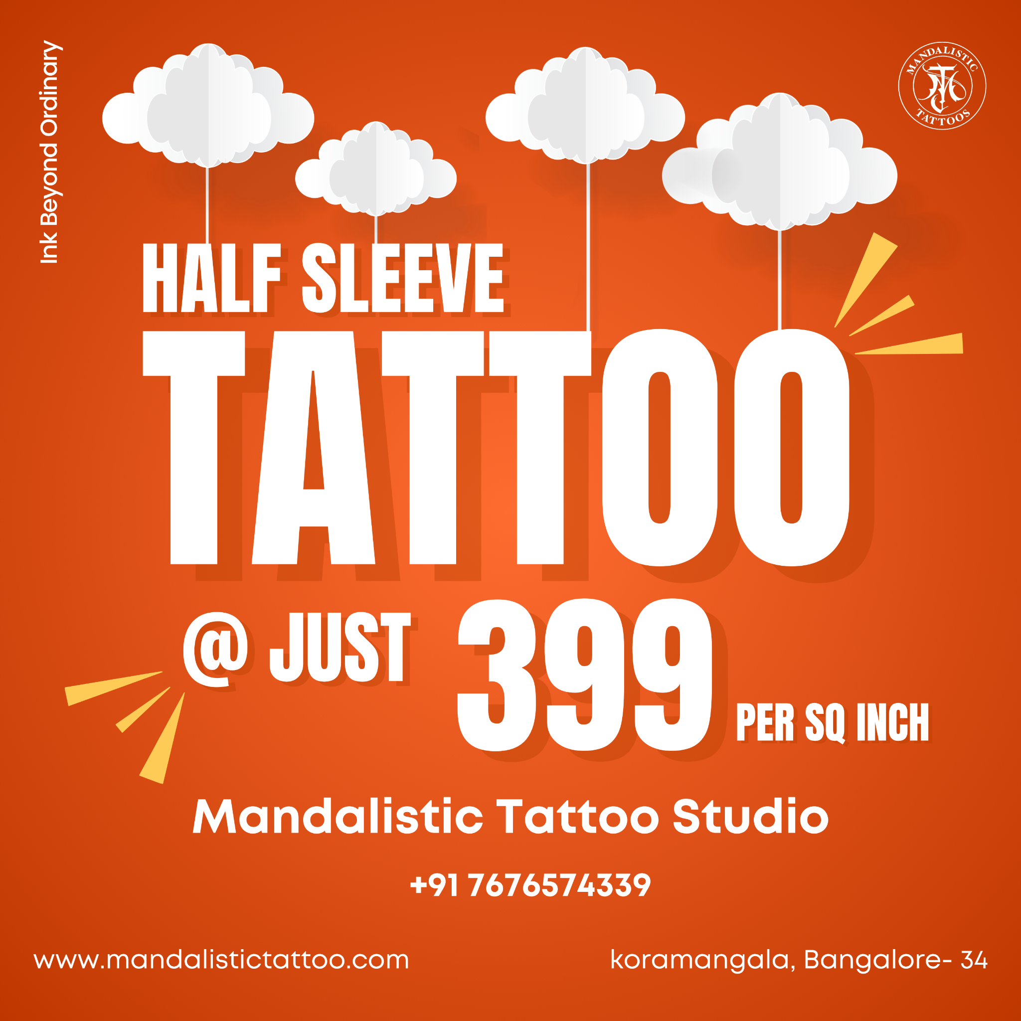 Mandalistic Tattoo Studio Facebook ad: ₹399/Sq. Inch Tattoo Blitz, Mandalistic's Epic Flash Sale…