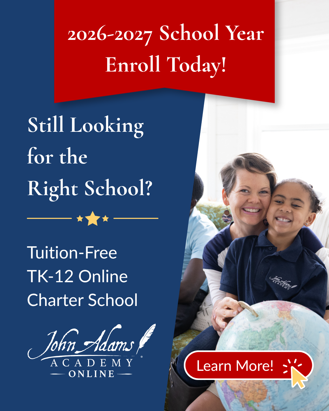 John Adams Academy Online Facebook ad: Enroll Today for 2026-2027 School Year