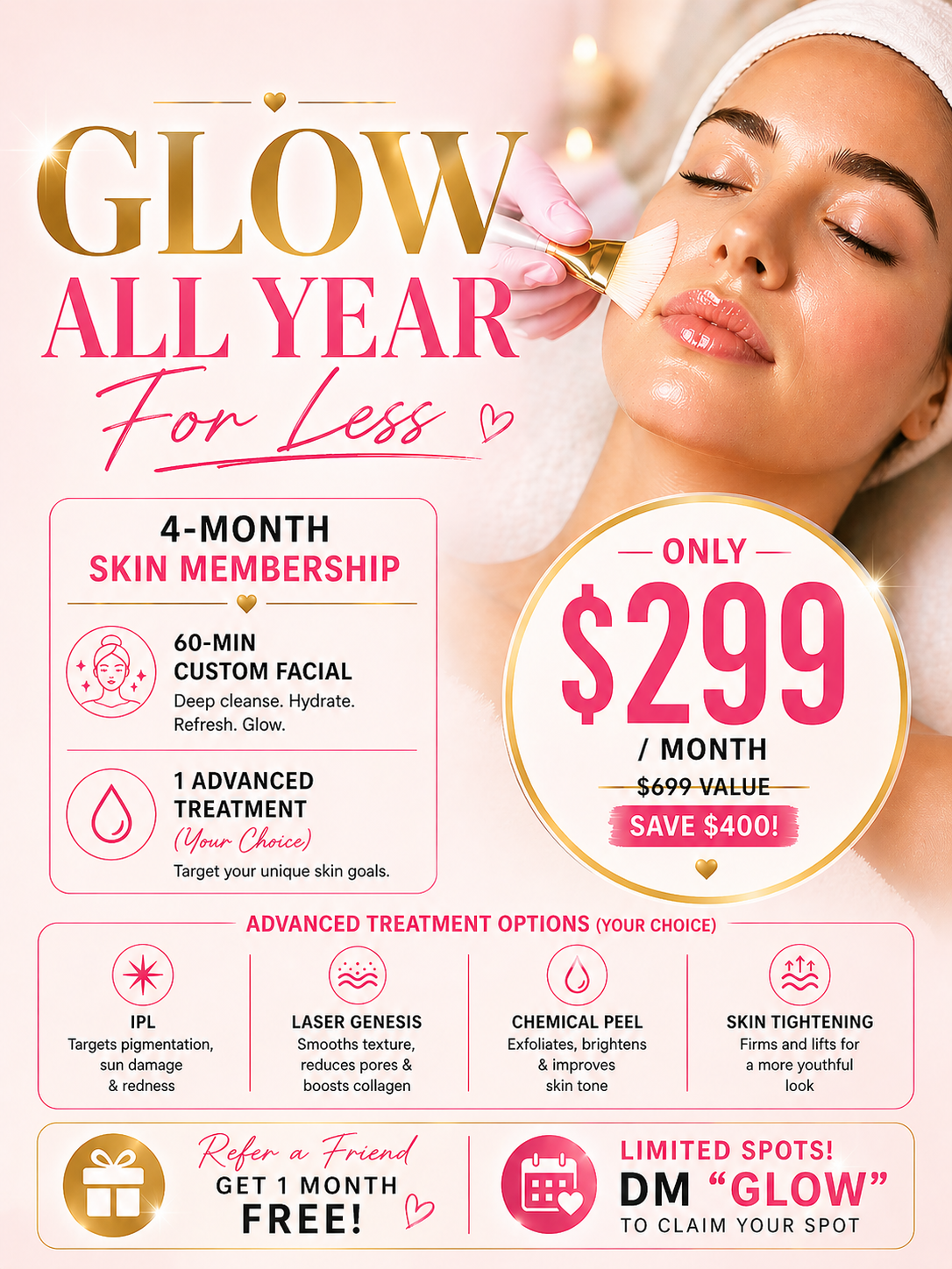 Le Spa Medical Spa Facebook ad: Glow All Year Membership, $299/mo