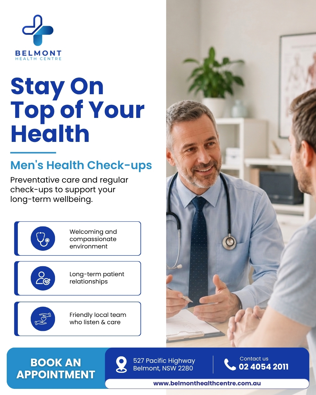 Belmont Health Centre Facebook ad: Men’s Health Check Belmont
