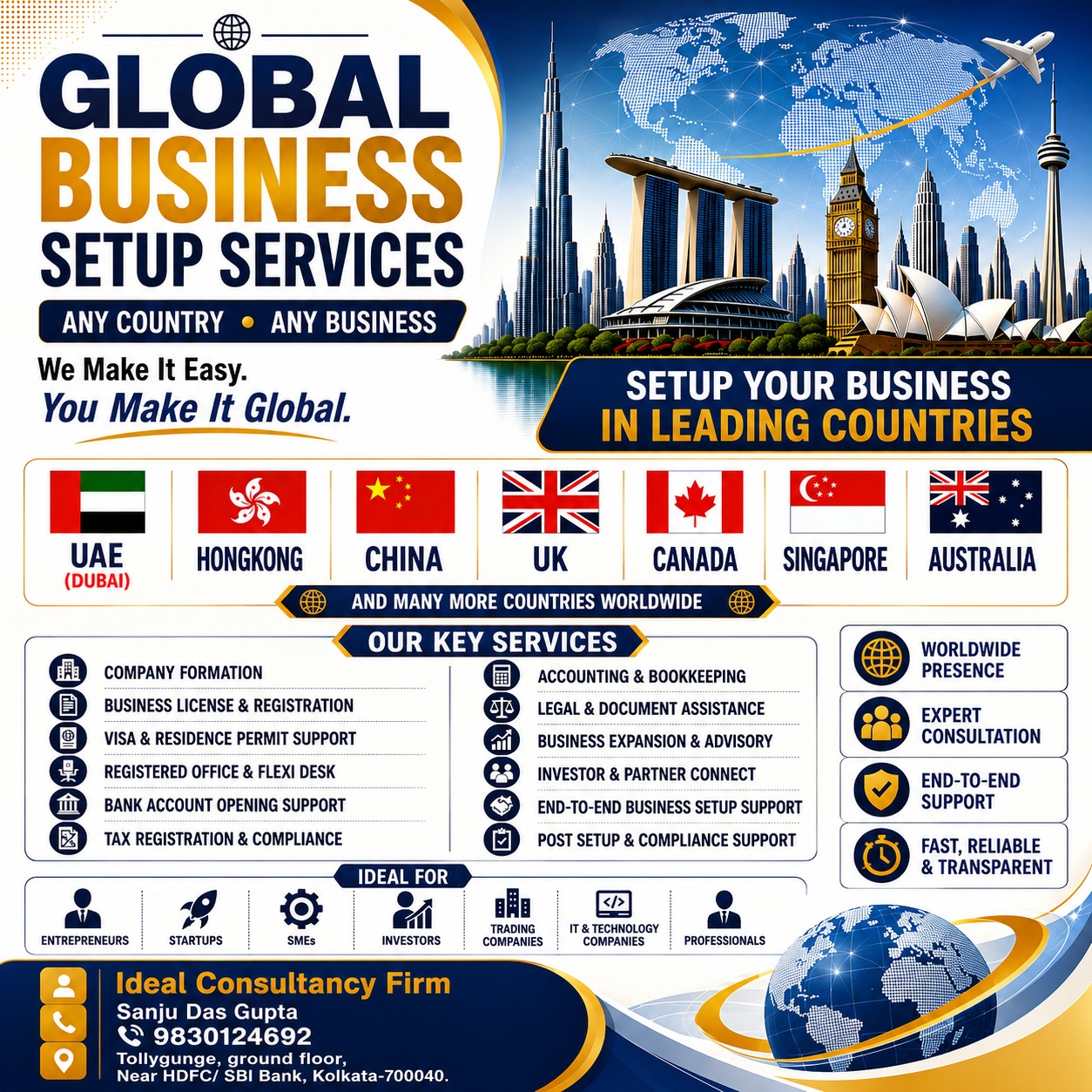 Ideal Marketing & Consultancy Facebook ad: **Go Global. Build Your Business Anywhere.**
