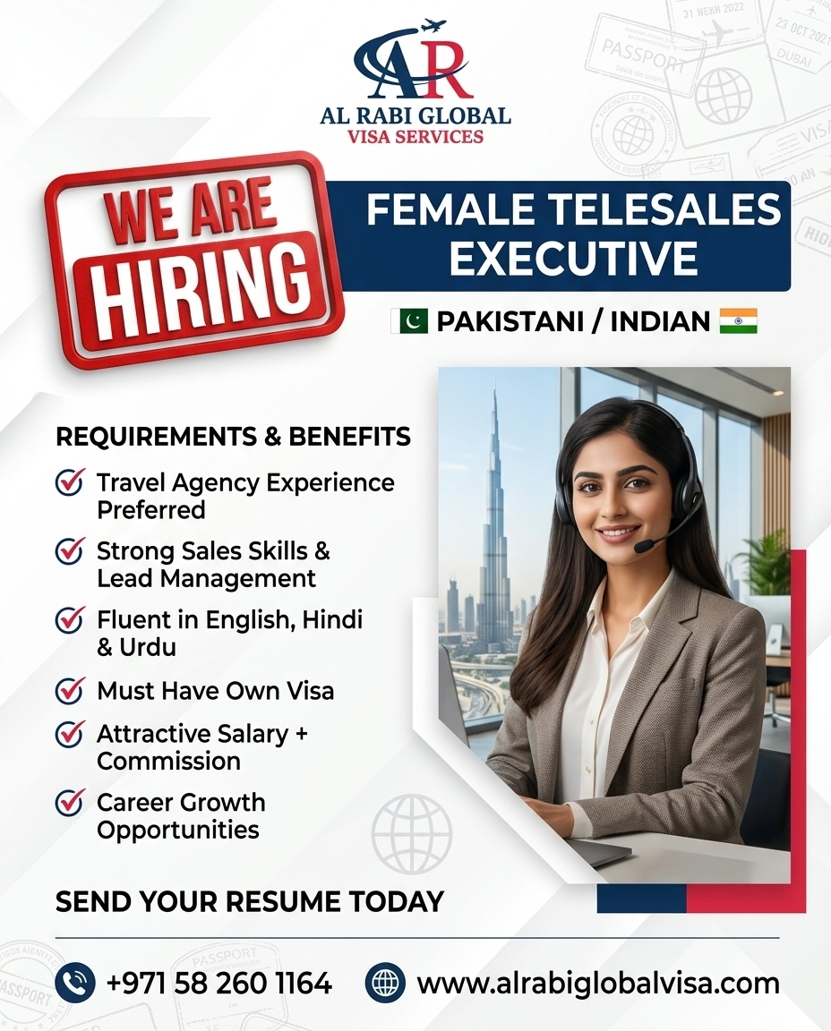 Al Rabi Global Visa Services Facebook ad: URGENTLY HIRING, FEMALE TELESALES EXECUTIVE