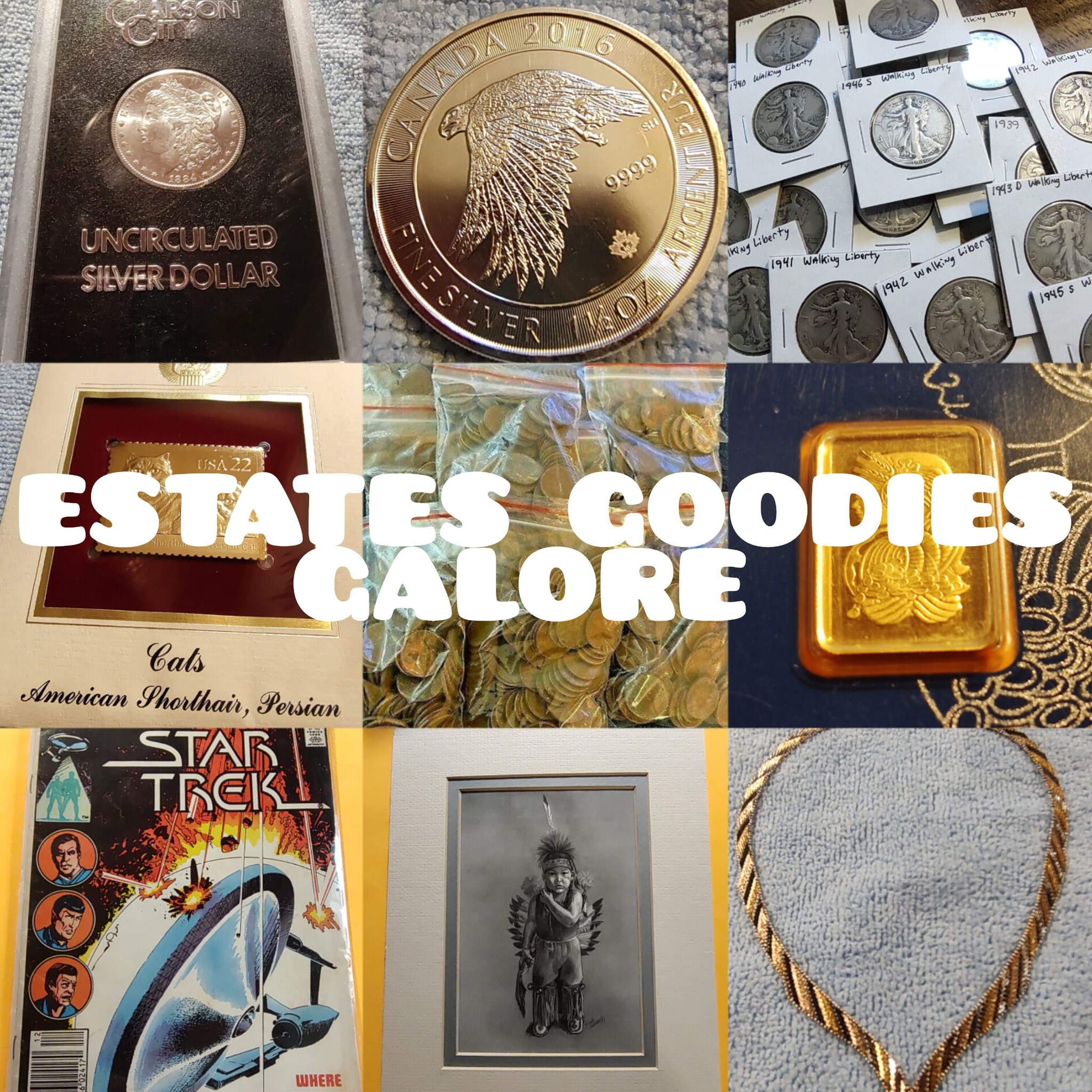 Estates Goodies Galore Facebook ad: Coins, Silver, Jewelry