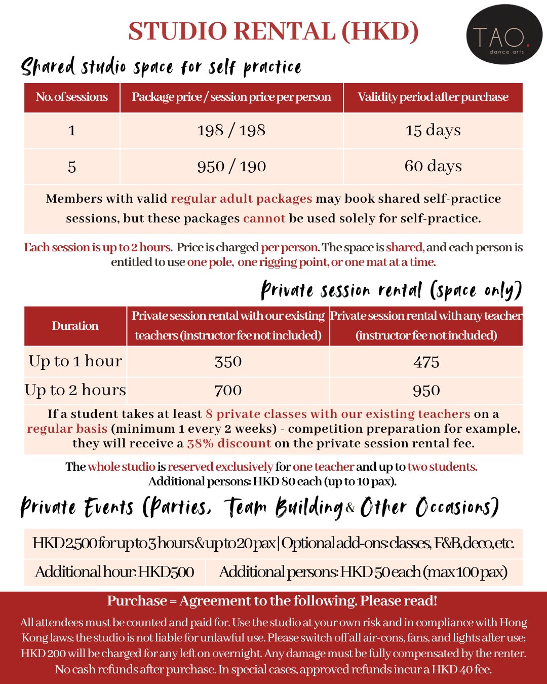 Tao Dance Arts Facebook ad: Looking for space to move, train, or host?