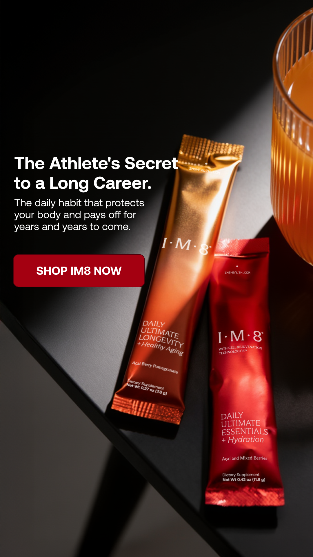 IM8 Facebook ad: Perform Now. Thrive Tomorrow. The Beckham Stack.