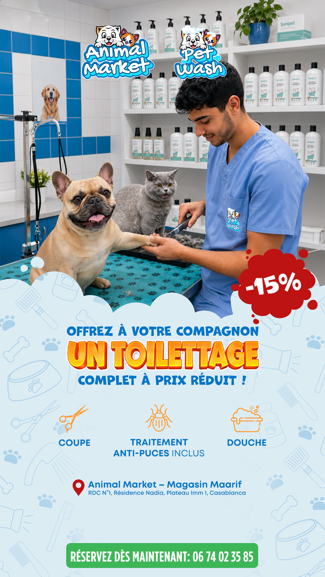 Animal Market Facebook ad: -15% sur le toilettage cet été!