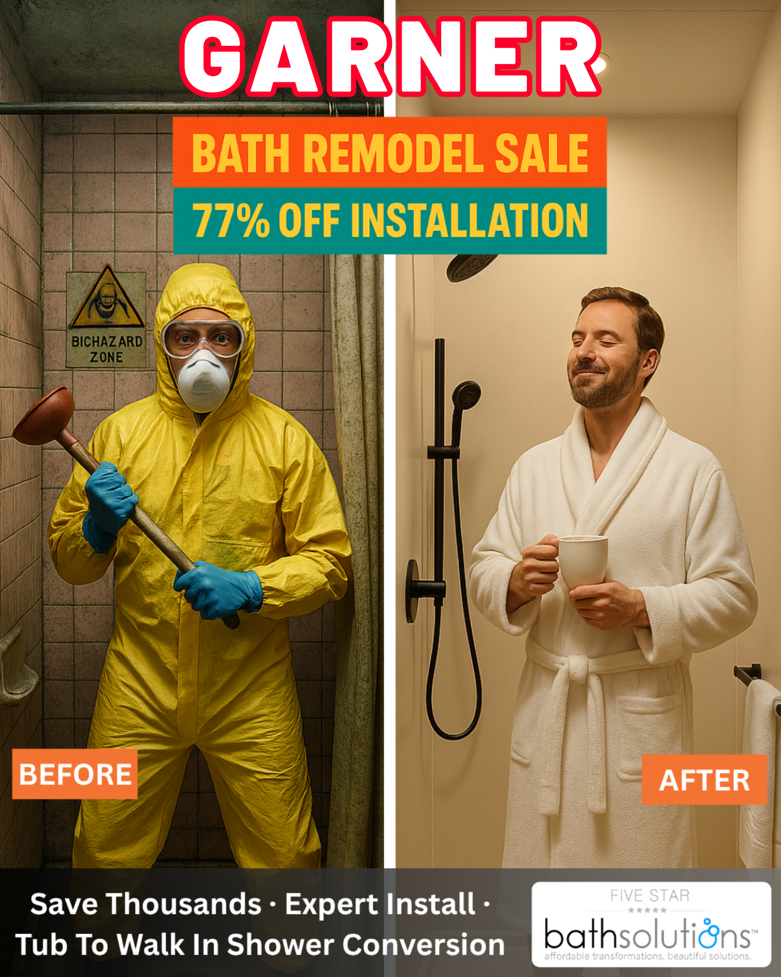 Five Star Bath Solutions Facebook ad: Save Thousands On A Bath Remodel In Garner