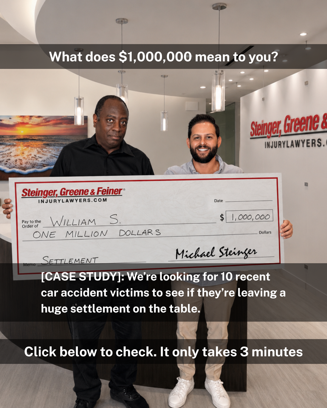 Steinger, Greene & Feiner Injury Lawyers Facebook ad: See if you have a case today!