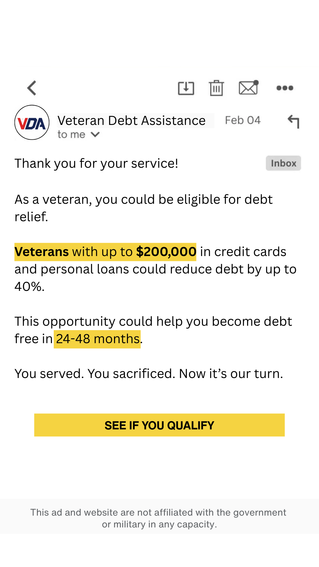 Veteran Debt Assistance Facebook ad
