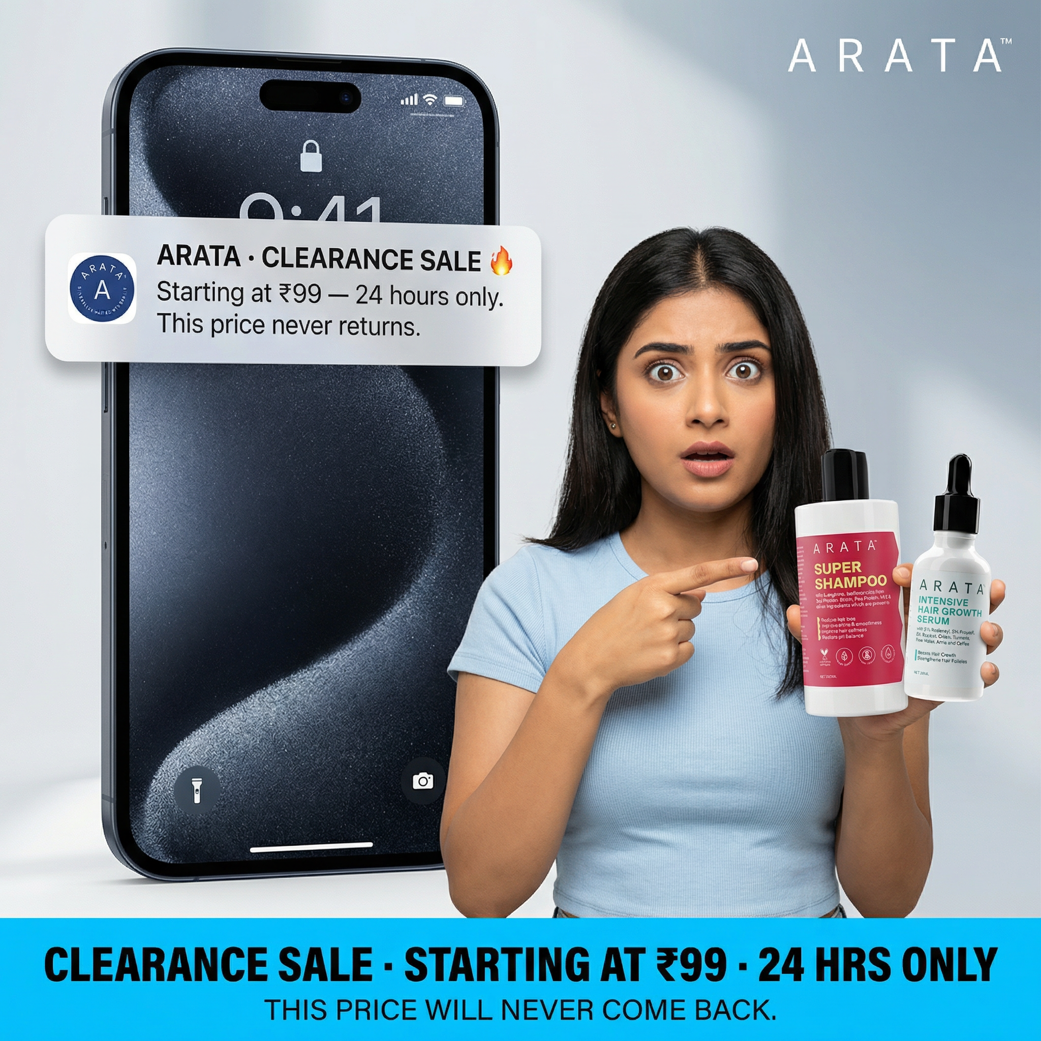 Arata Clearance Sale Facebook ad: Flash Clearance, From ₹99