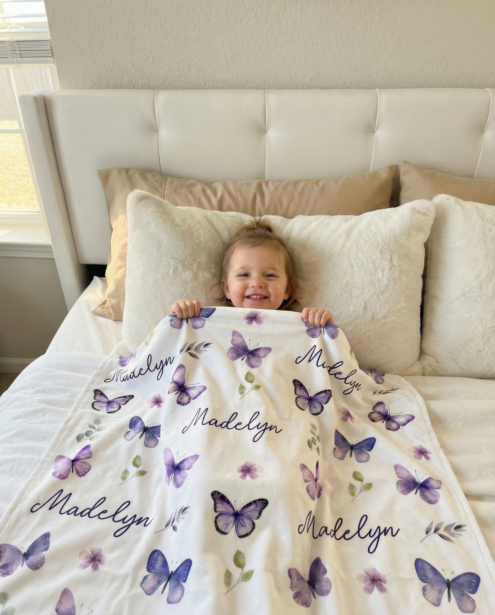 Prettybirds Facebook ad: Purple butterfly design. Won't shrink. Made in the USA