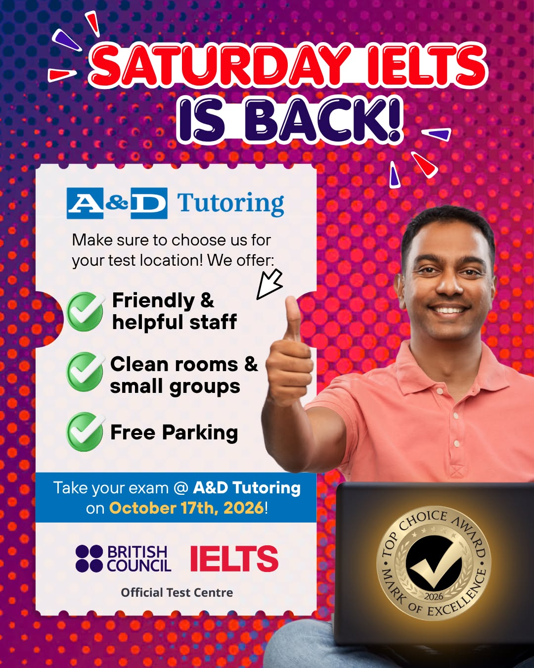 A&D Tutoring Facebook ad: Top Choice IELTS Testing!