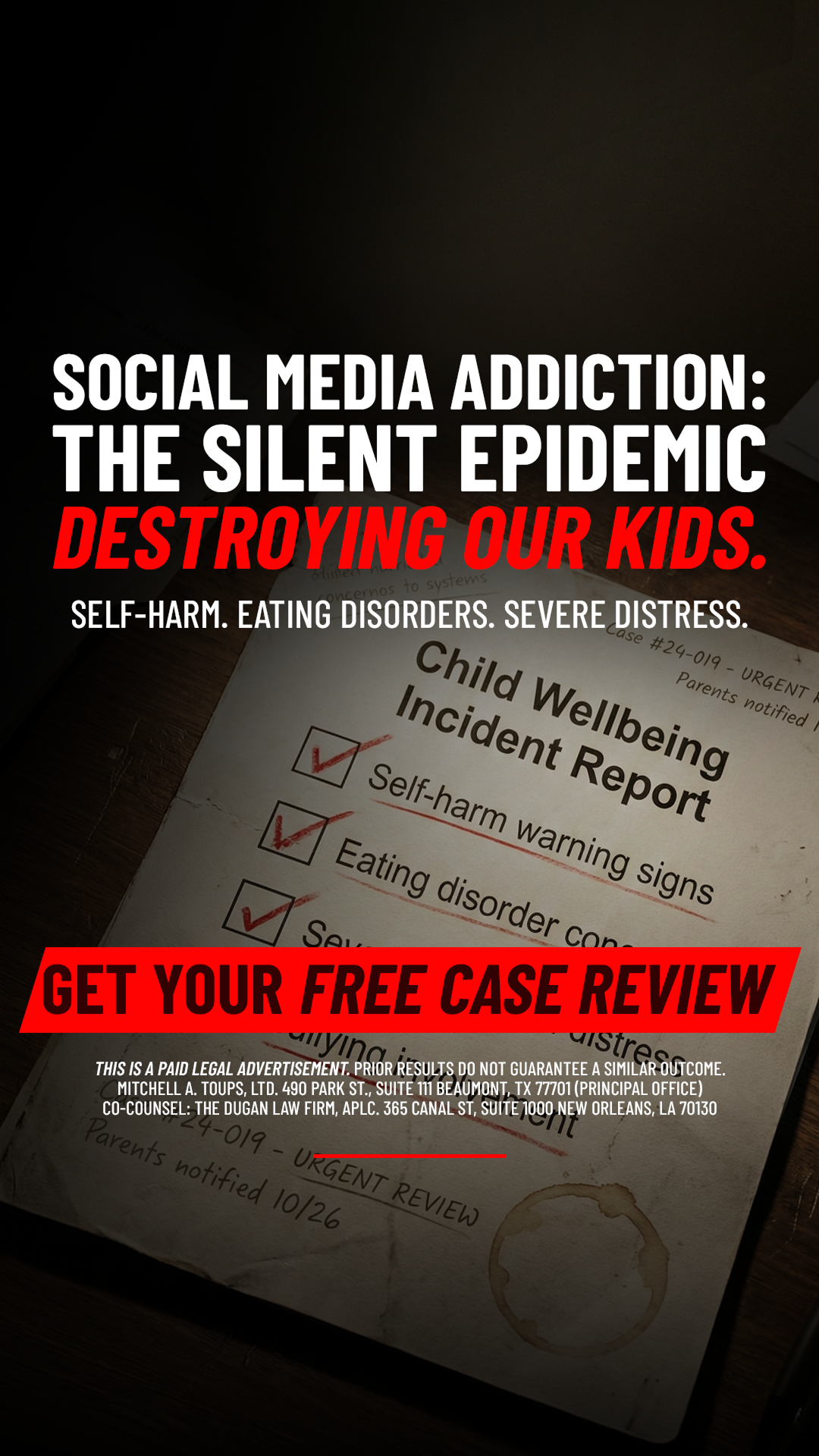 Social Media Victim Helpline Facebook ad from Mar 23, 2026