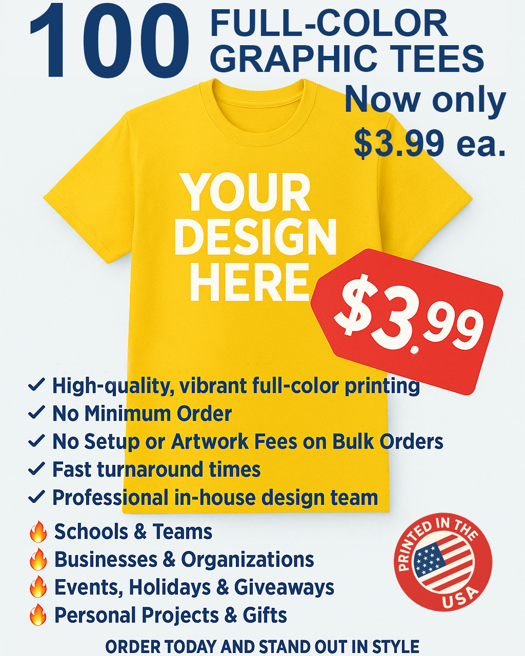 30 West Printing & Apparel Facebook ad: 100 Custom Printed Tees, $3.99 ea