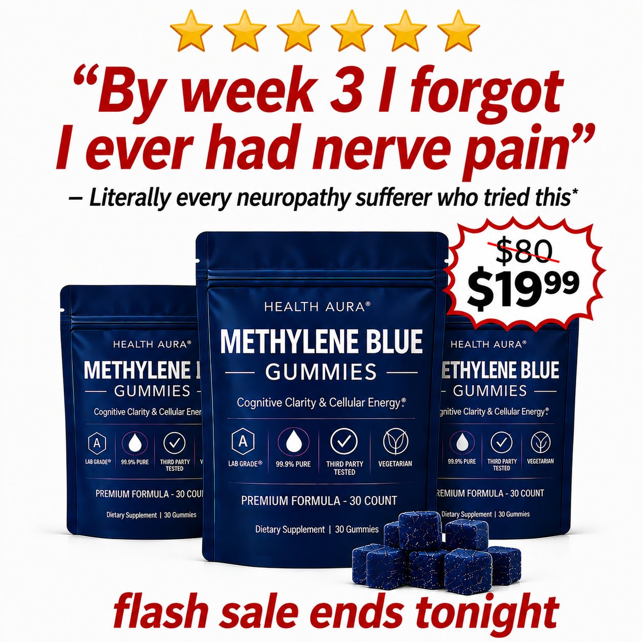 The Pain-Free Aging Report Facebook ad: I tell my patients to try methylene blue gummies every…