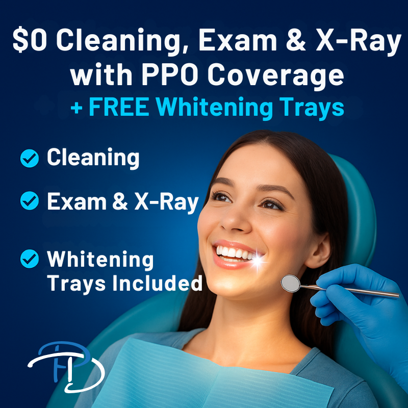 Prime Dental Garland Facebook ad: $0 Cleaning, Exam & X-Ray with PPO Coverage