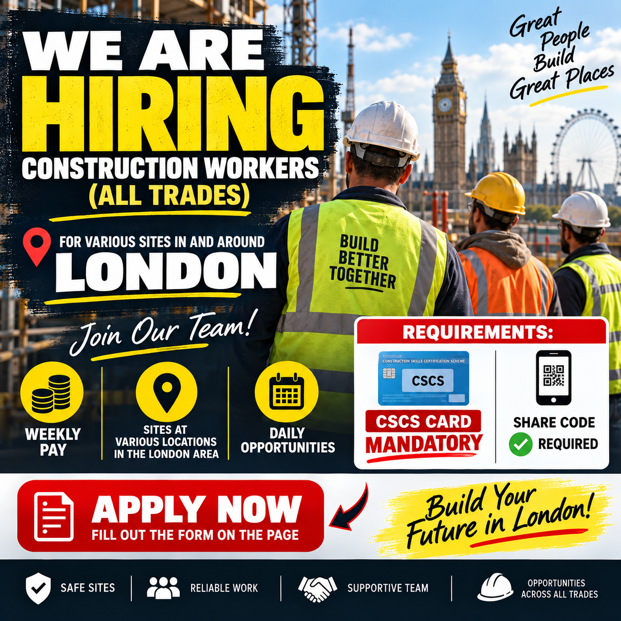 UK Construct Facebook ad: WE ARE HIRING, CONSTRUCTION WORKERS