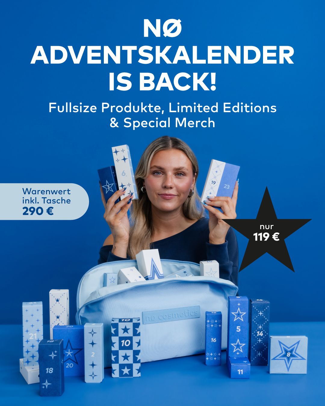 Nø Cosmetics Facebook ad: 24 Türchen. Über 290 € Warenwert.
