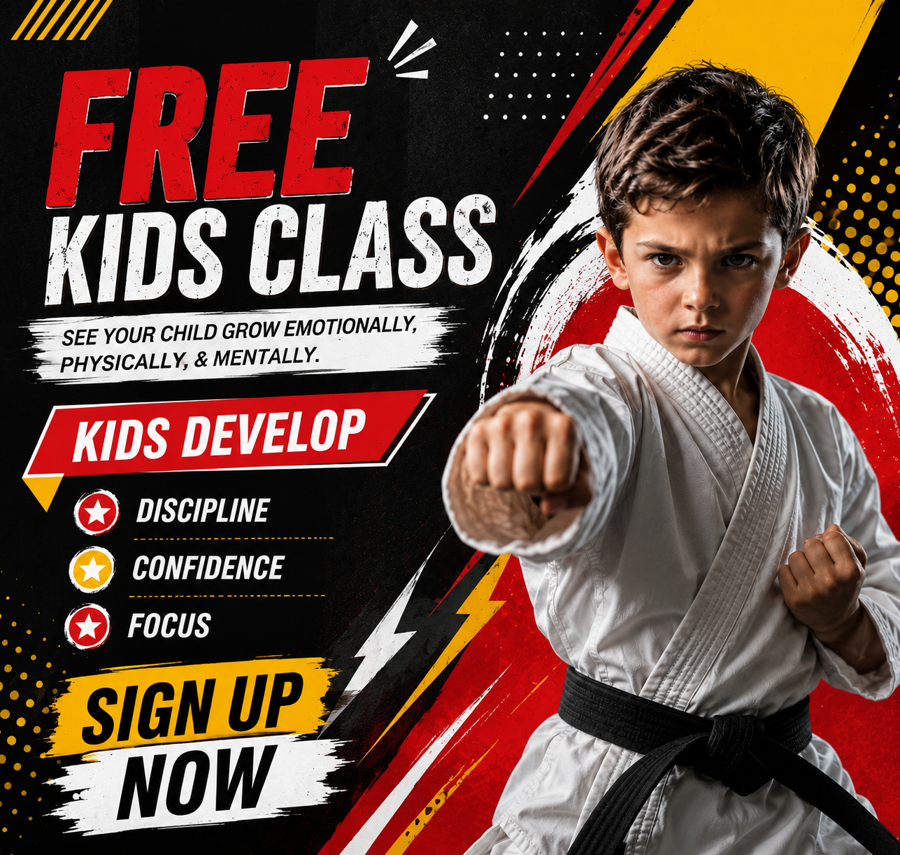 Cutting Edge Martial Arts Academy Facebook ad: FREE KIDS CLASS!