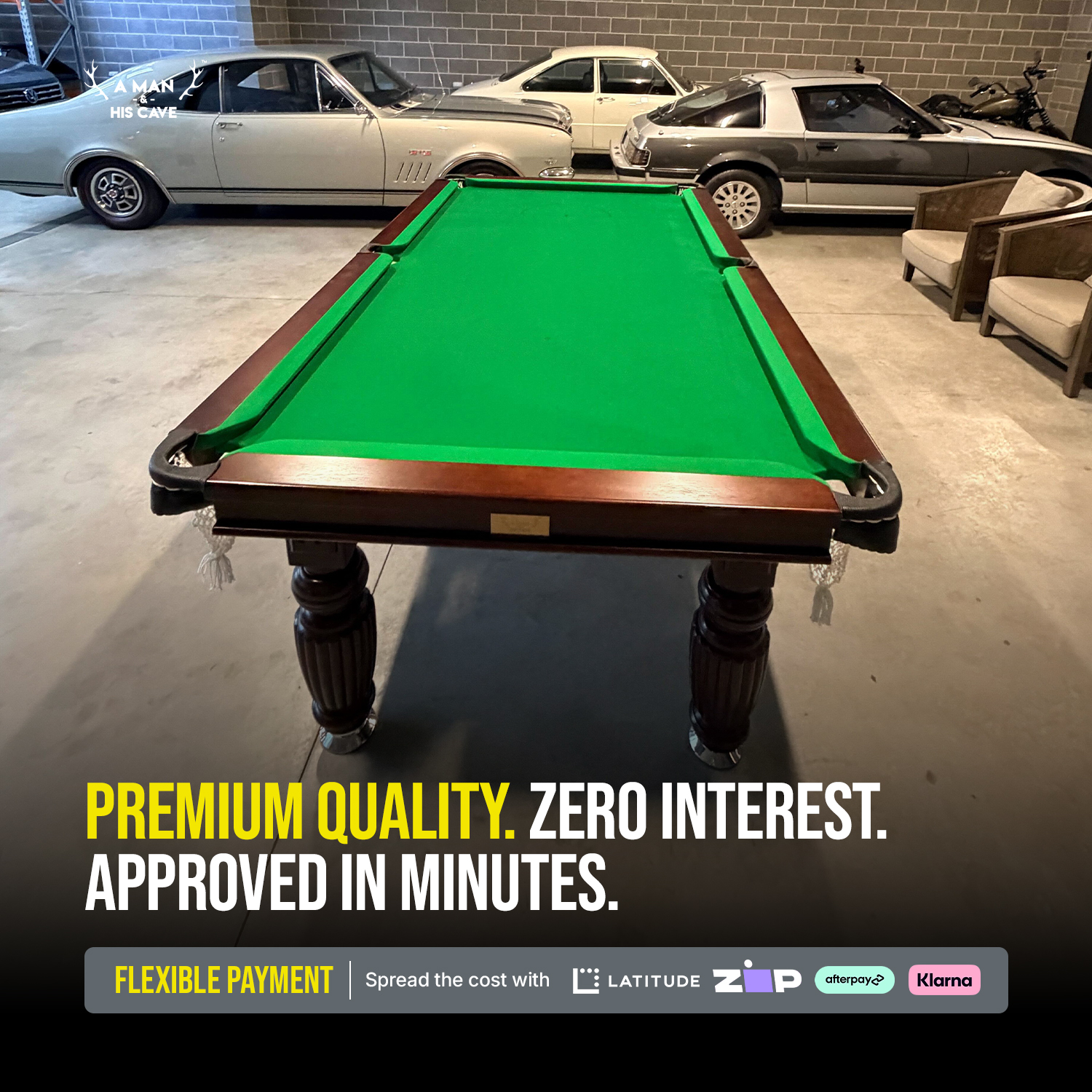 A Man & His Cave Facebook ad: Premium Pool Tables | Buy Now Pay Later