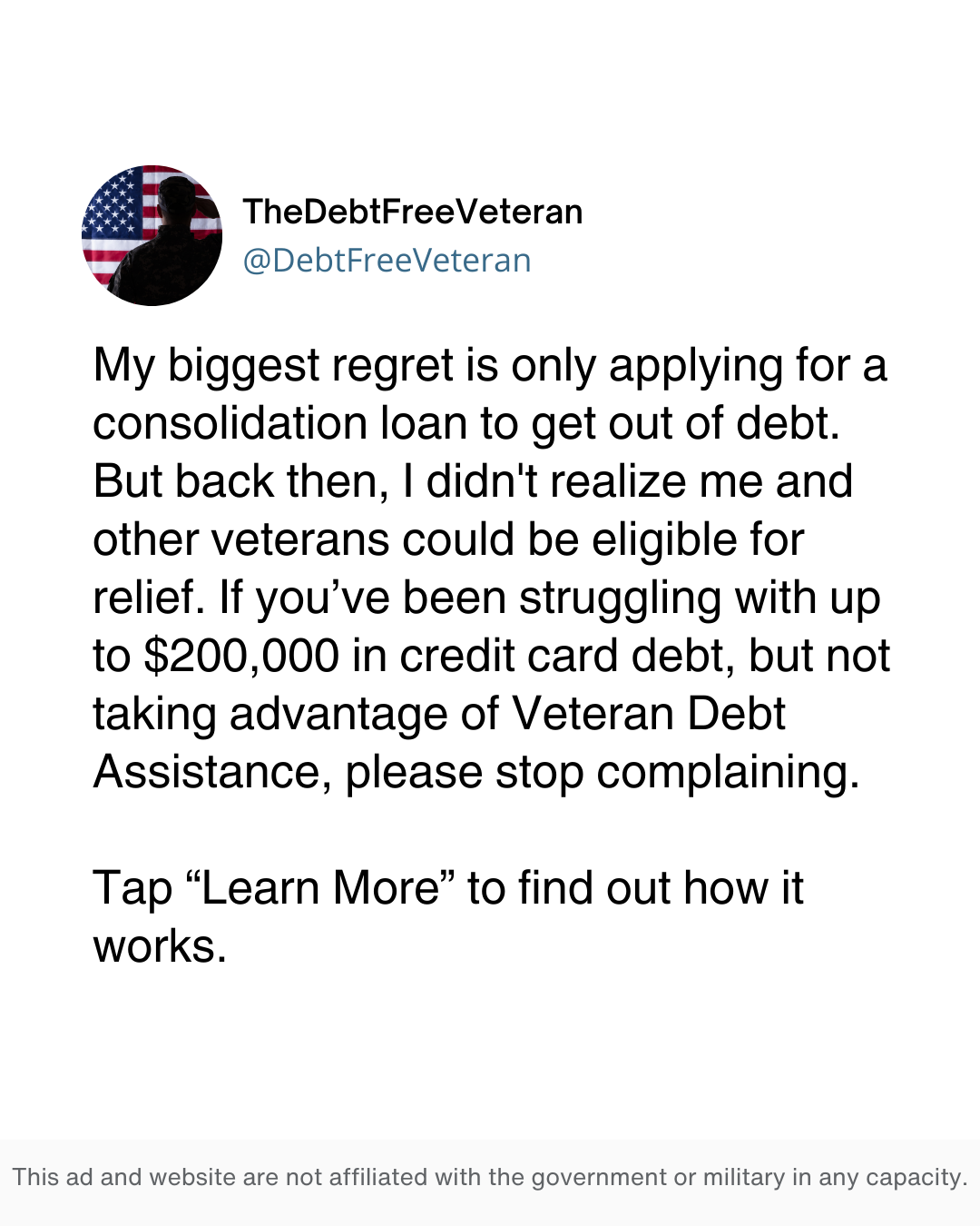Veteran Debt Assistance Facebook ad