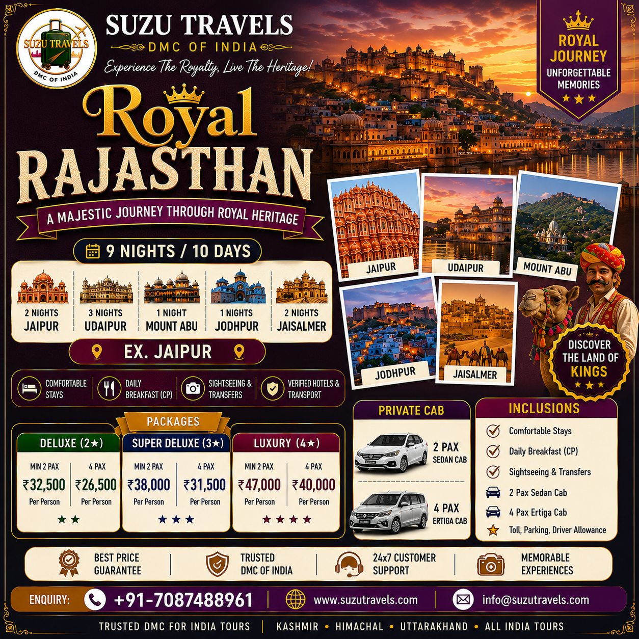 Suzu Travels Facebook ad: Royal Rajasthan, Land of Kings ki majestic yatra!