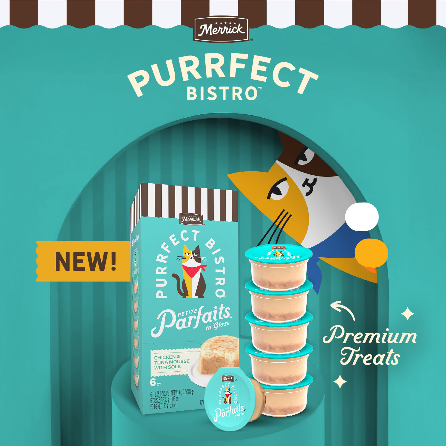 Purrfect Bistro Facebook ad: Our new Petite Parfaits feature delicious, creamy mousse…