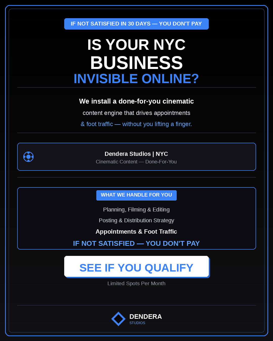 Dendera Studios Facebook ad: NYC Business Owners. You Need Content.