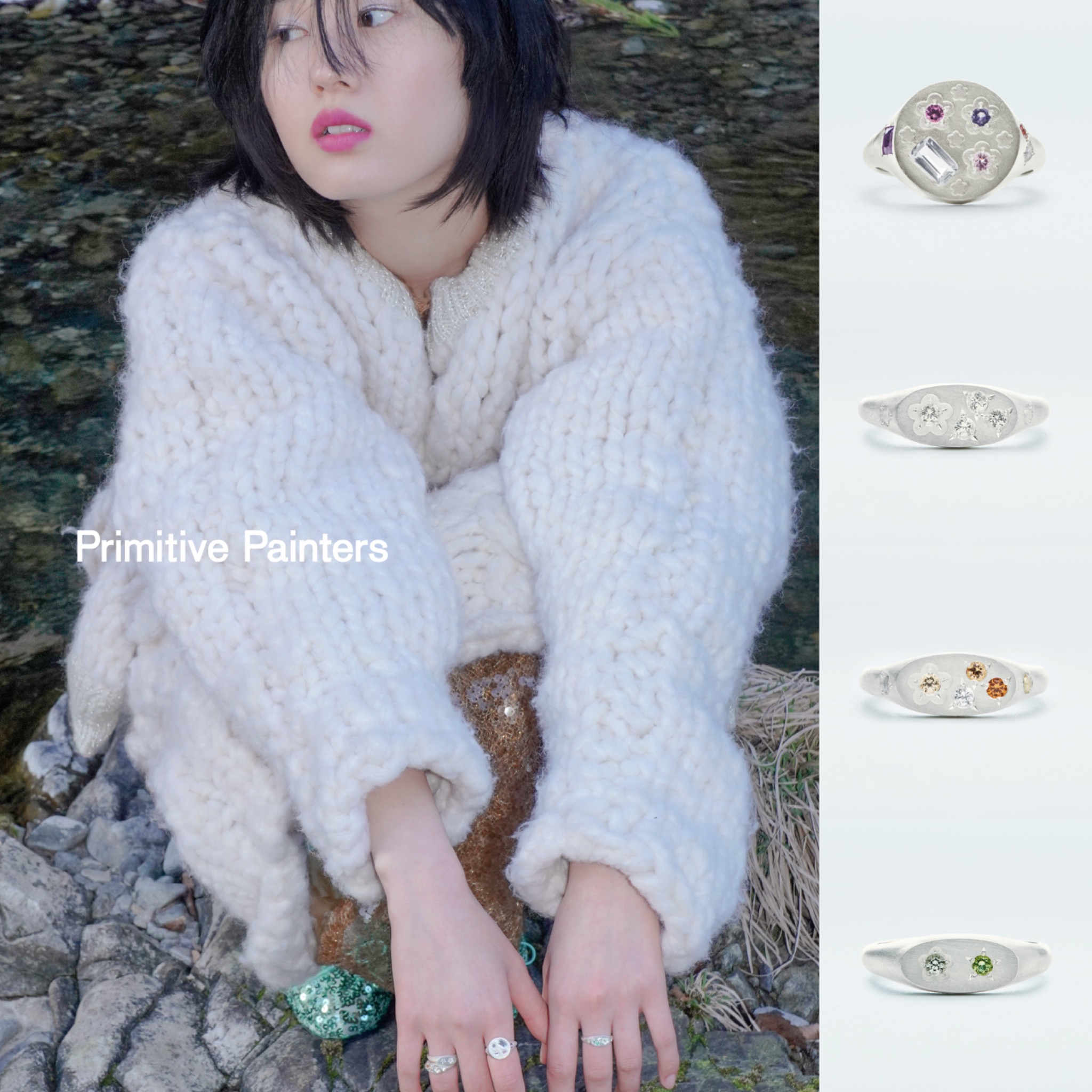 Primitive Painters Facebook ad: Natural gemstone jewelry, embodying curiosity and sensory…