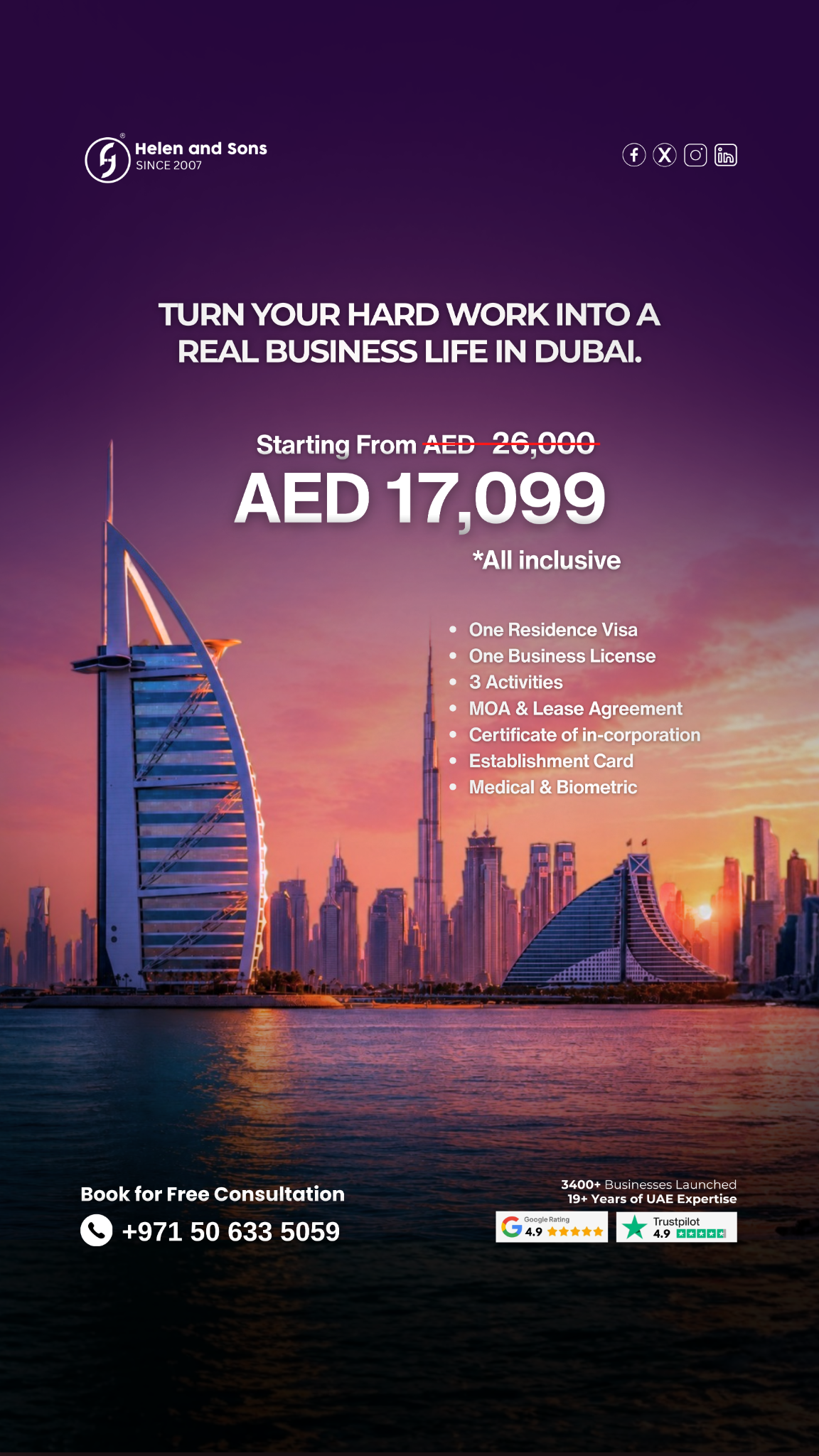 Helen and Sons Business Setup Facebook ad: Launch Your Dubai Business, All-Inclusive AED 17,099