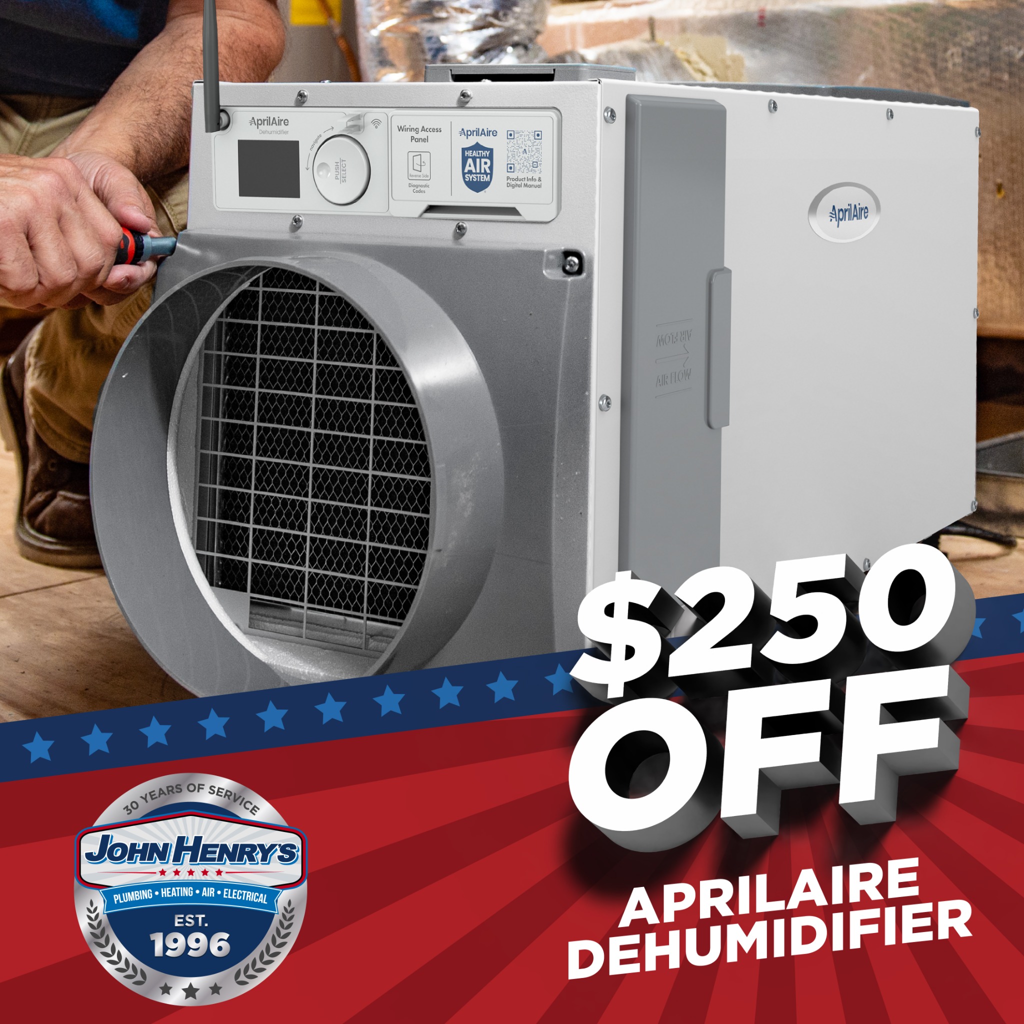 John Henry's Plumbing, Heating, Air, and Electrical Facebook ad from Jul 1, 2026