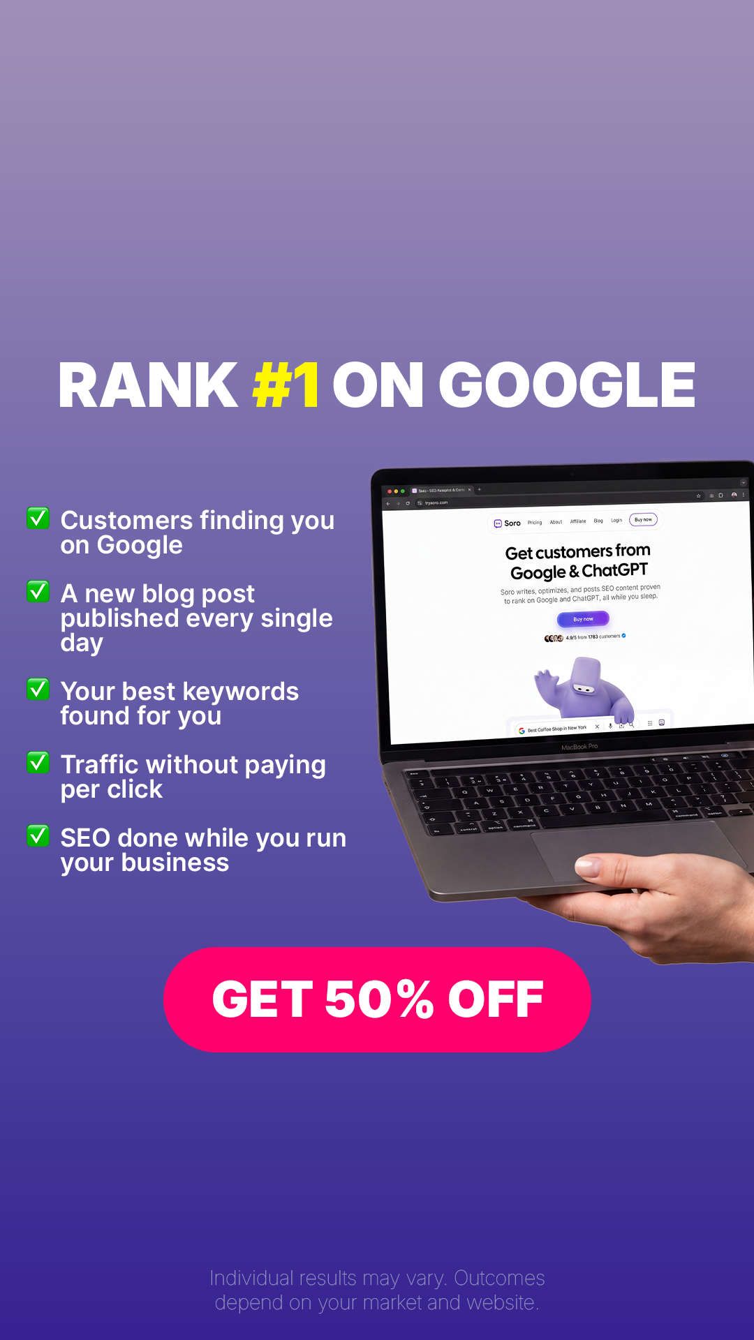 Soro SEO Facebook ad: Rank #1 on Google