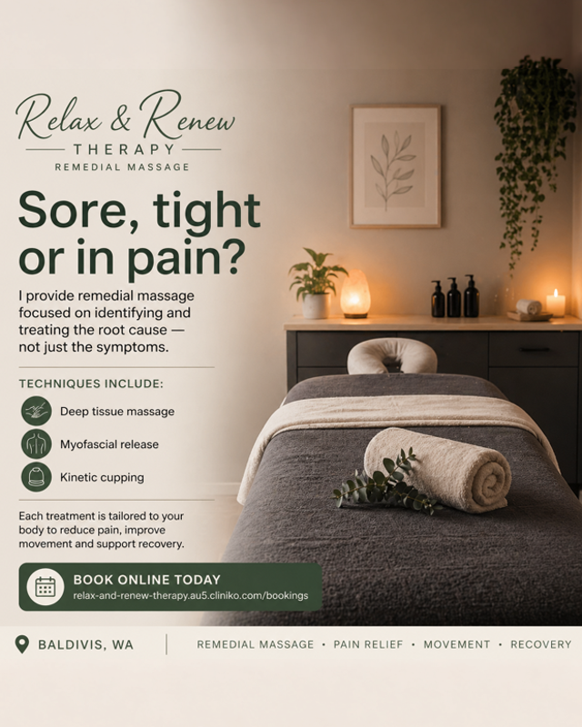 Relax & Renew Therapy Facebook ad: Remedial Massage - Book Online
