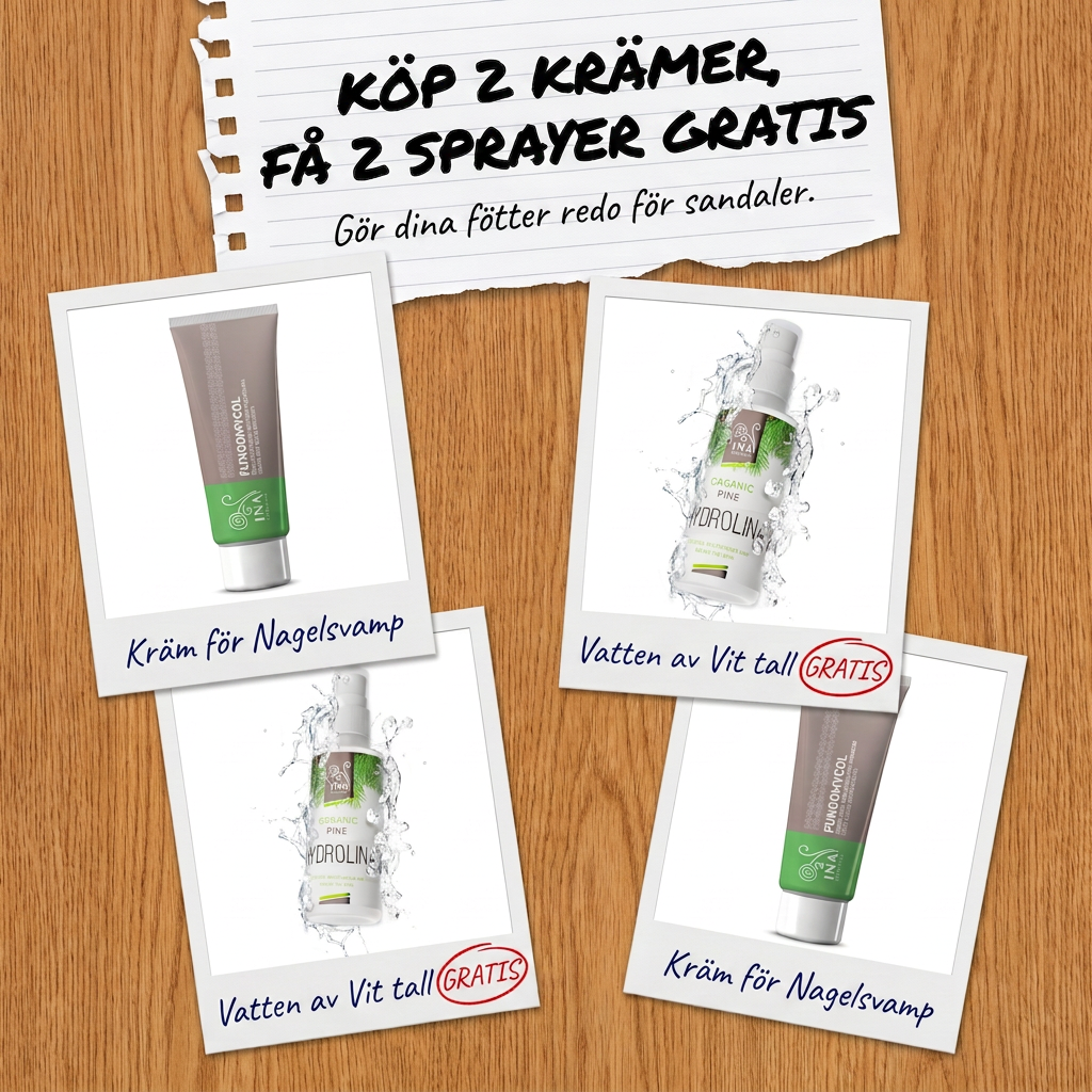 InaEssentials - Webbutik för 100% ekologisk BIO-kosmetika Facebook ad: Köp 2 Fungomycol, få 2 Hydrolina på köpet