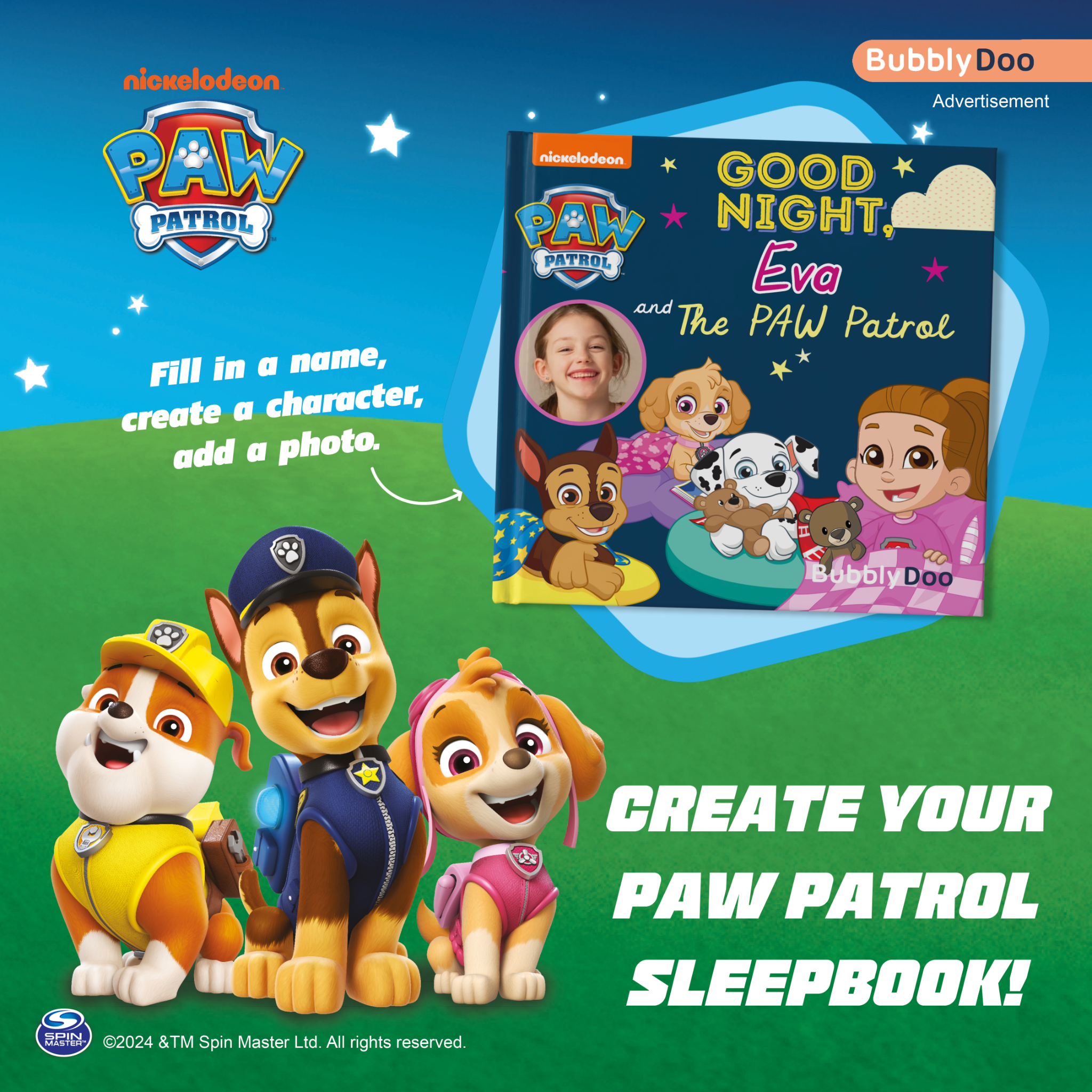 BubblyDoo Books Facebook ad: Do you have a Paw Patrol fan at home?