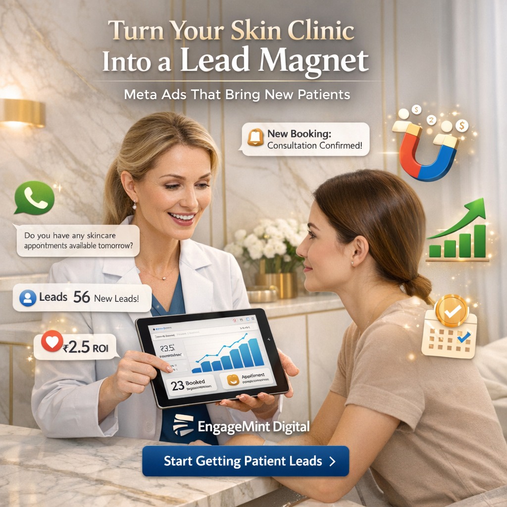 EngageMint Digital Facebook ad: Many dermatology clinics struggle with empty appointment…
