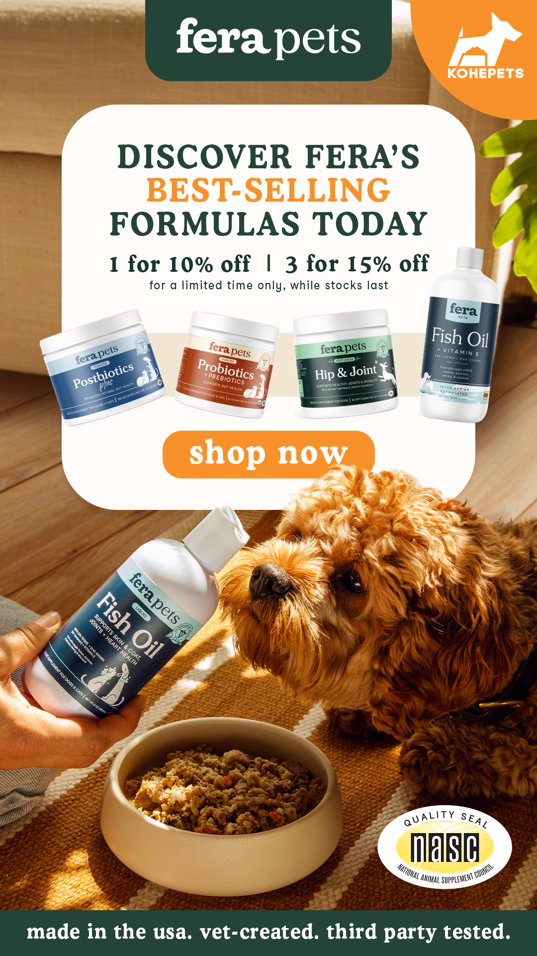 Kohepets Facebook ad: 10% OFF Fera Pets Supplements At KOHEPETS