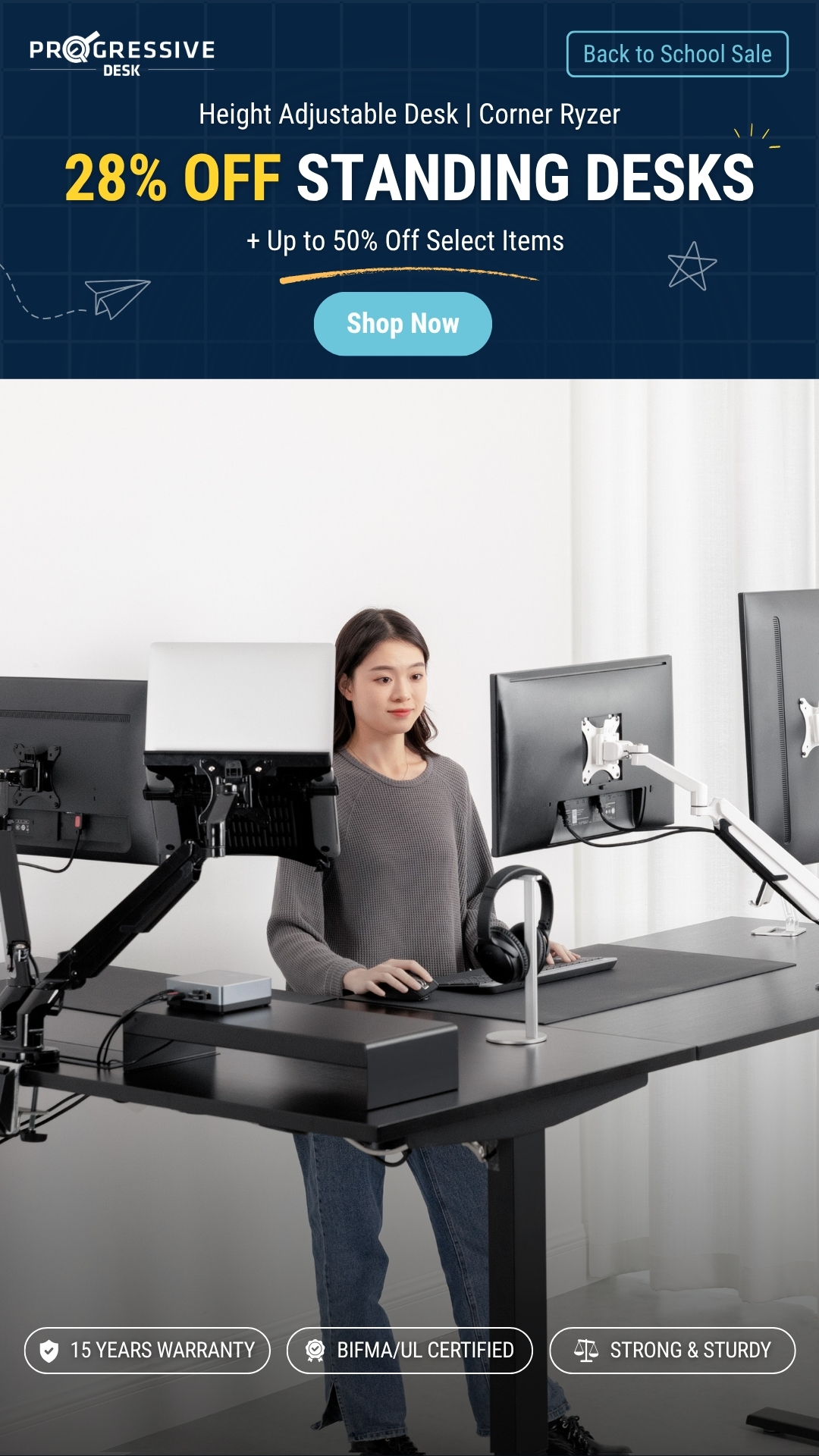 Progressive Desk Facebook ad: 28% Off Standing Desks This Back to School