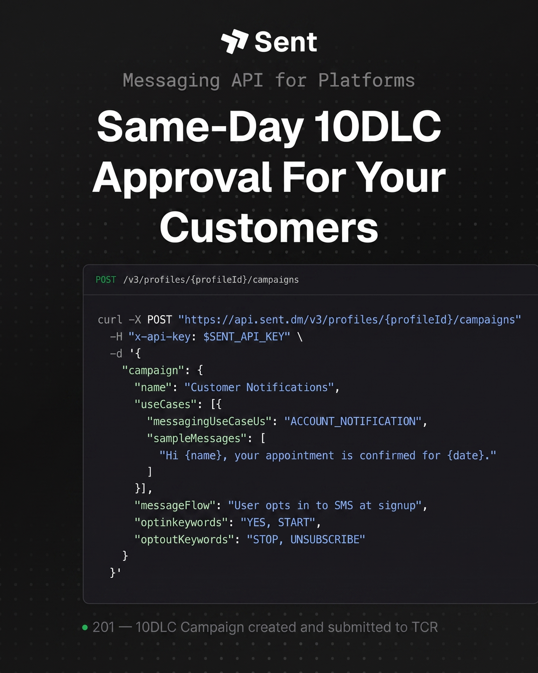 Sent.dm Facebook ad: Onboard your Customer to 10DLC SMS with Sent