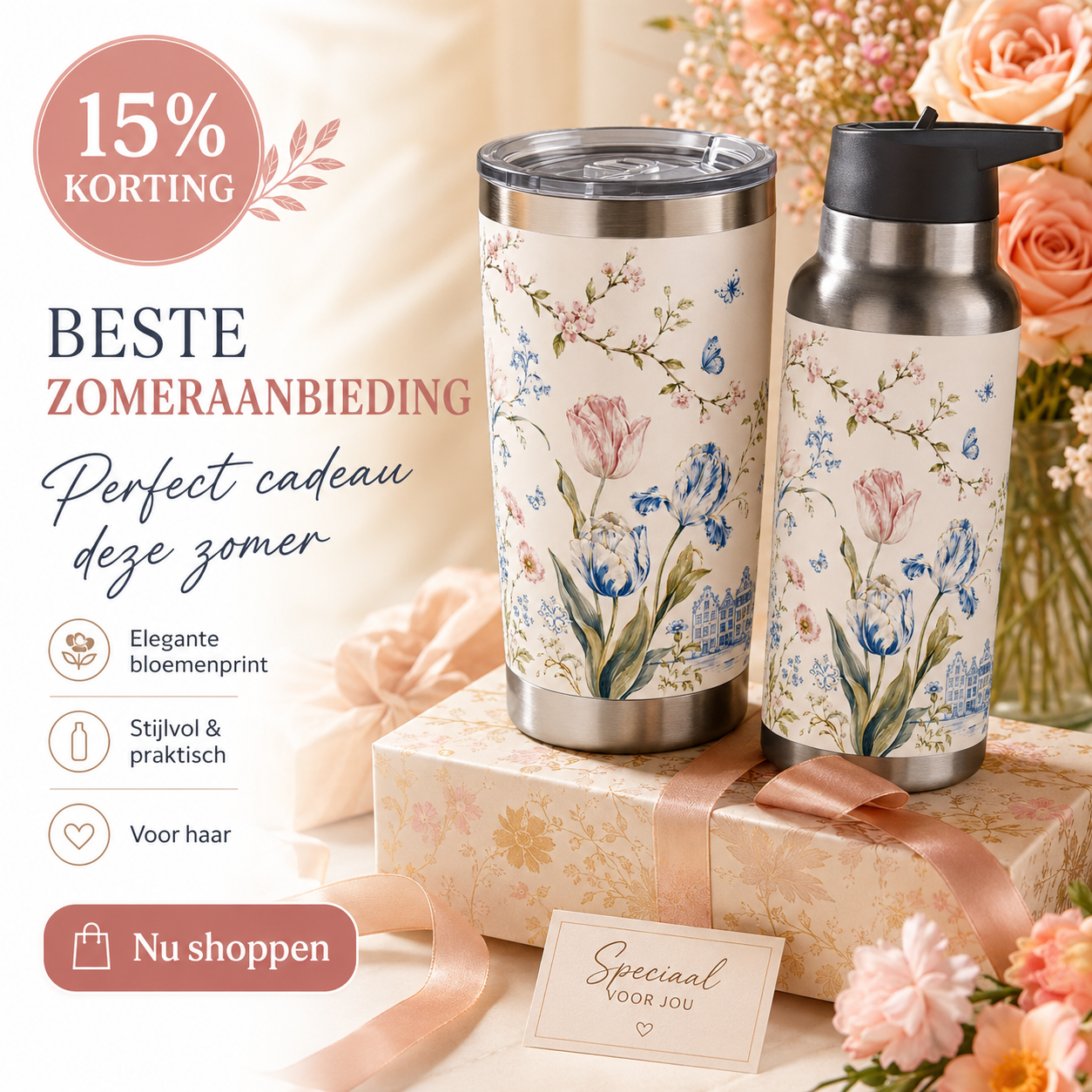 Echo Goods Facebook ad: Elegante Bloemen Drinkfles