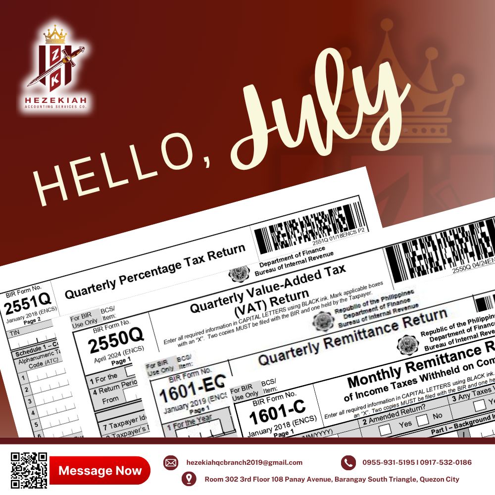 Hezekiah Accounting Services Co. - Quezon City Branch Facebook ad: JULY BIR DEADLINES | Stay Compliant!