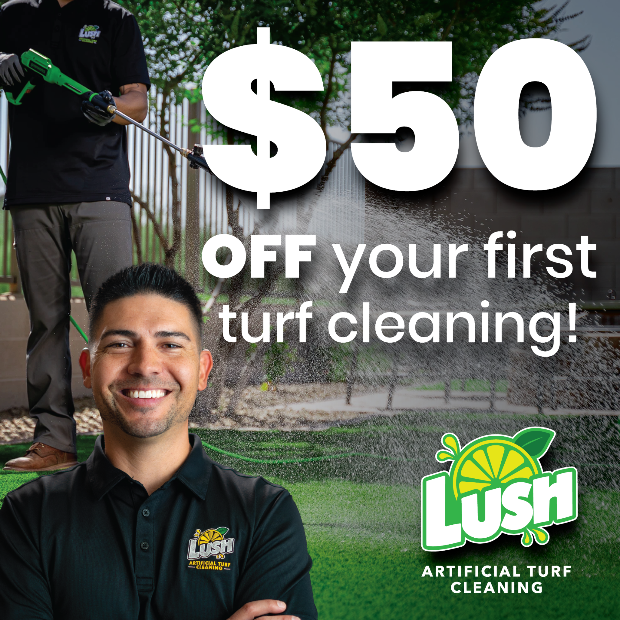 Lush Artificial Turf Cleaning Facebook ad: $50 OFF your first turf cleaning!