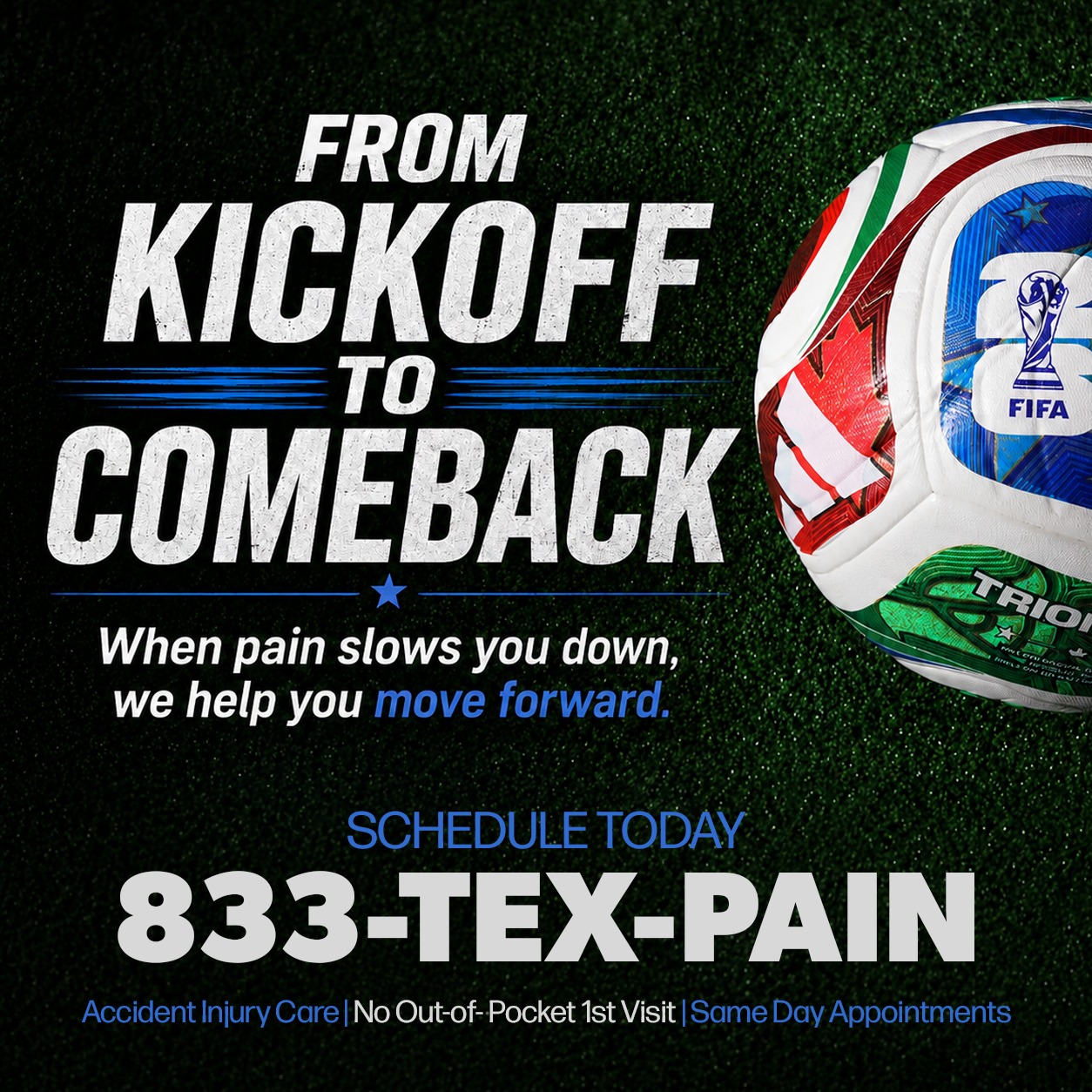 Texas Pain and Injury Centers Facebook ad: 28 Locations. One Goal.