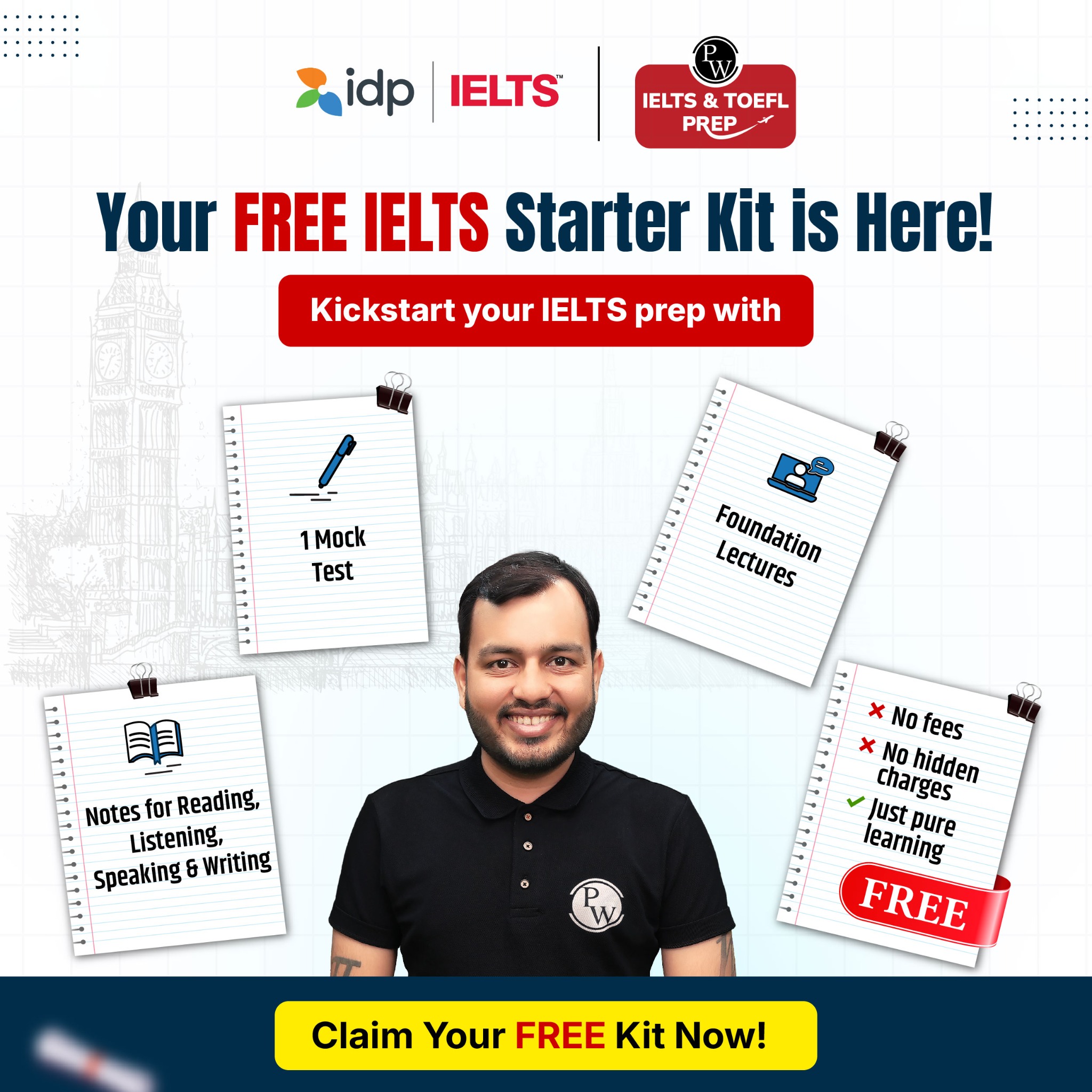 PW IELTS Prep Facebook ad: Target Band 8? Start Here Free