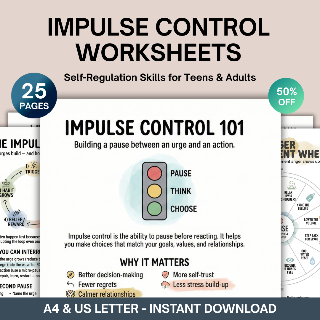 Calm & Clarity Facebook ad: 50% OFF - Impulse Control Worksheets Bundle + Anger…