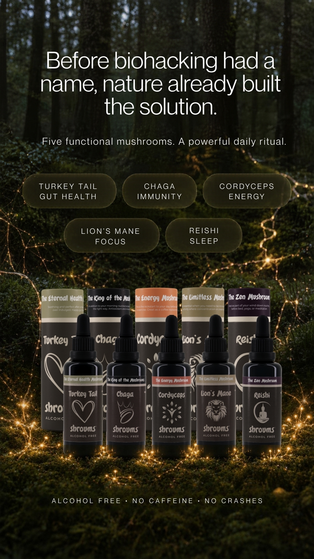Shroums Facebook ad: Five functional mushrooms. A powerful daily ritual.