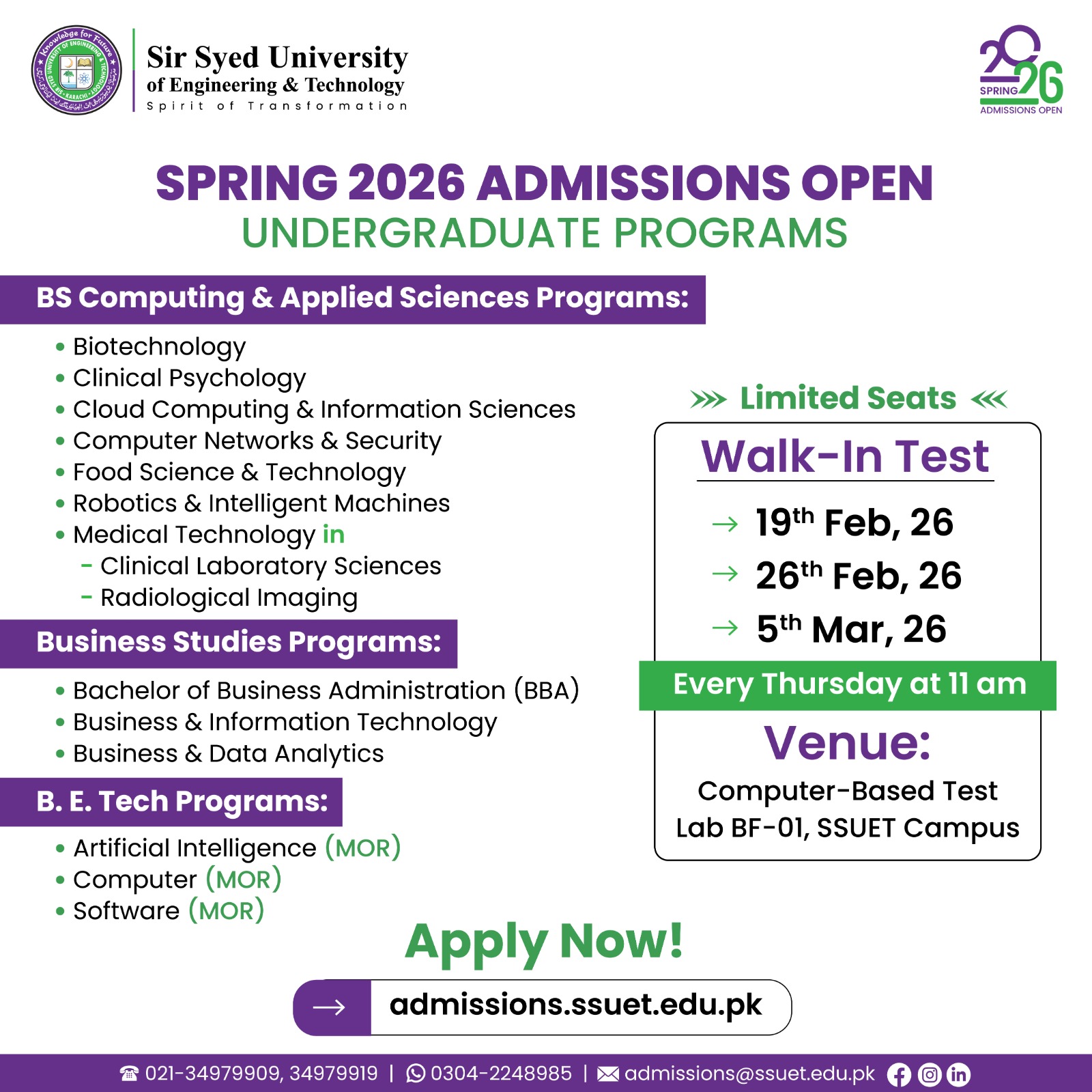 SSUET - Sir Syed University of Engineering & Technology Facebook ad: SSUET Admissions Open for Spring 2026