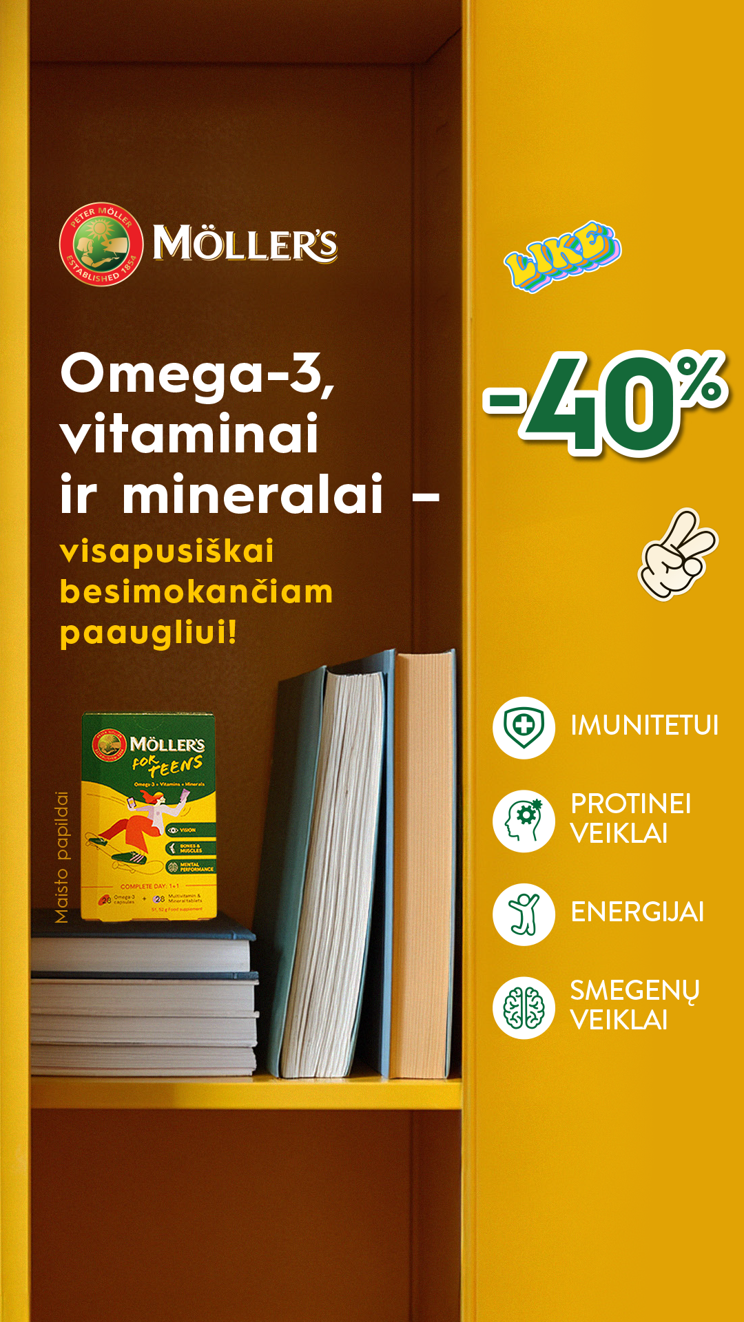 Möller’s žuvų taukai Facebook ad: Pastiprinimas besimokančiam paaugliui!