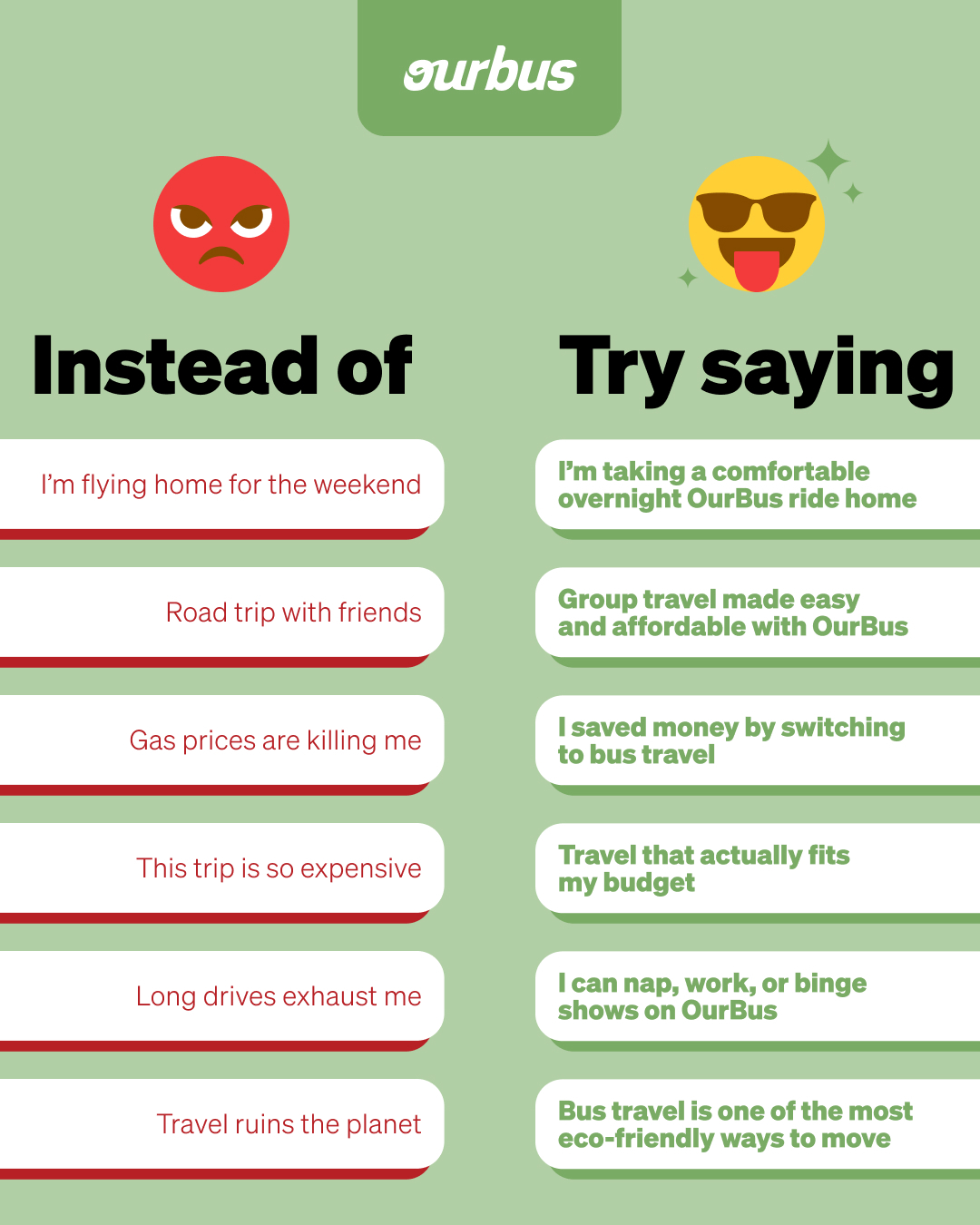 OurBus Facebook ad: Upgrade your travel vocabulary